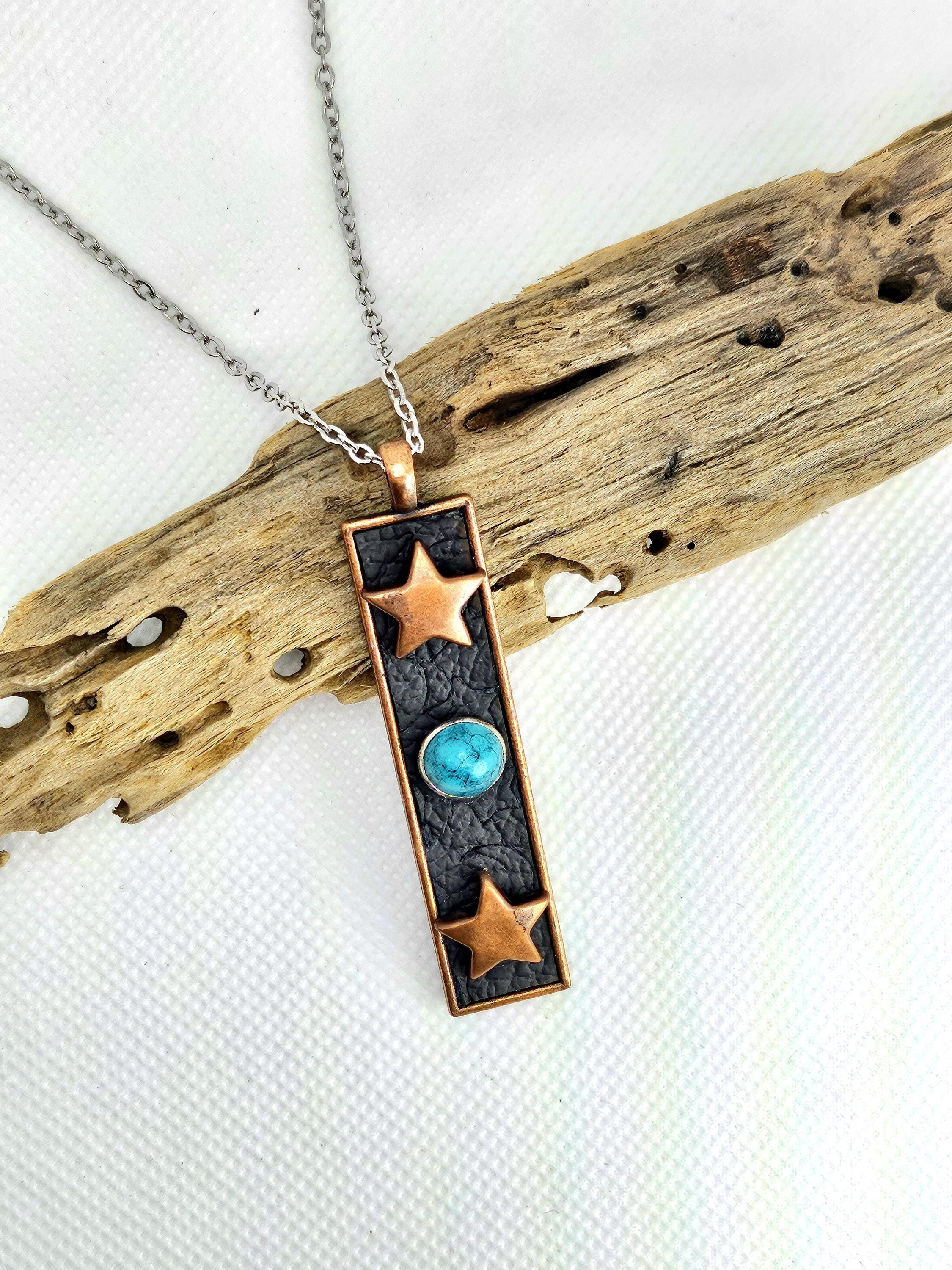 Handmade Copper  Turquoise Pendant Necklace on Durable Stainless Steel Chain for Rustic Boho Style Perfect Gift Idea