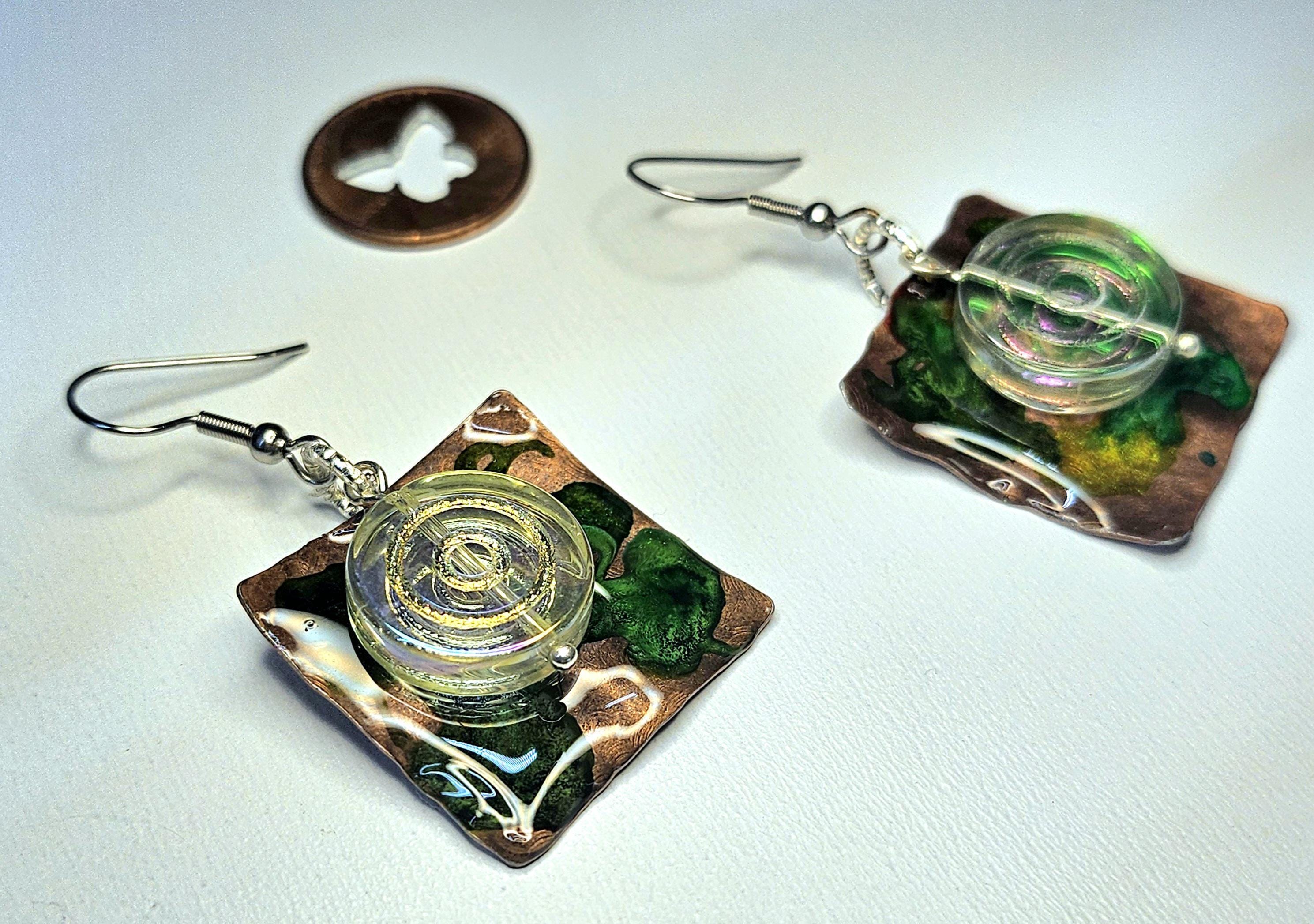 Hand Textured Copper  Czech Glass Rustic Boho Earrings Handmade Jewelry Gift for Her Free Shipping Unique Style 239