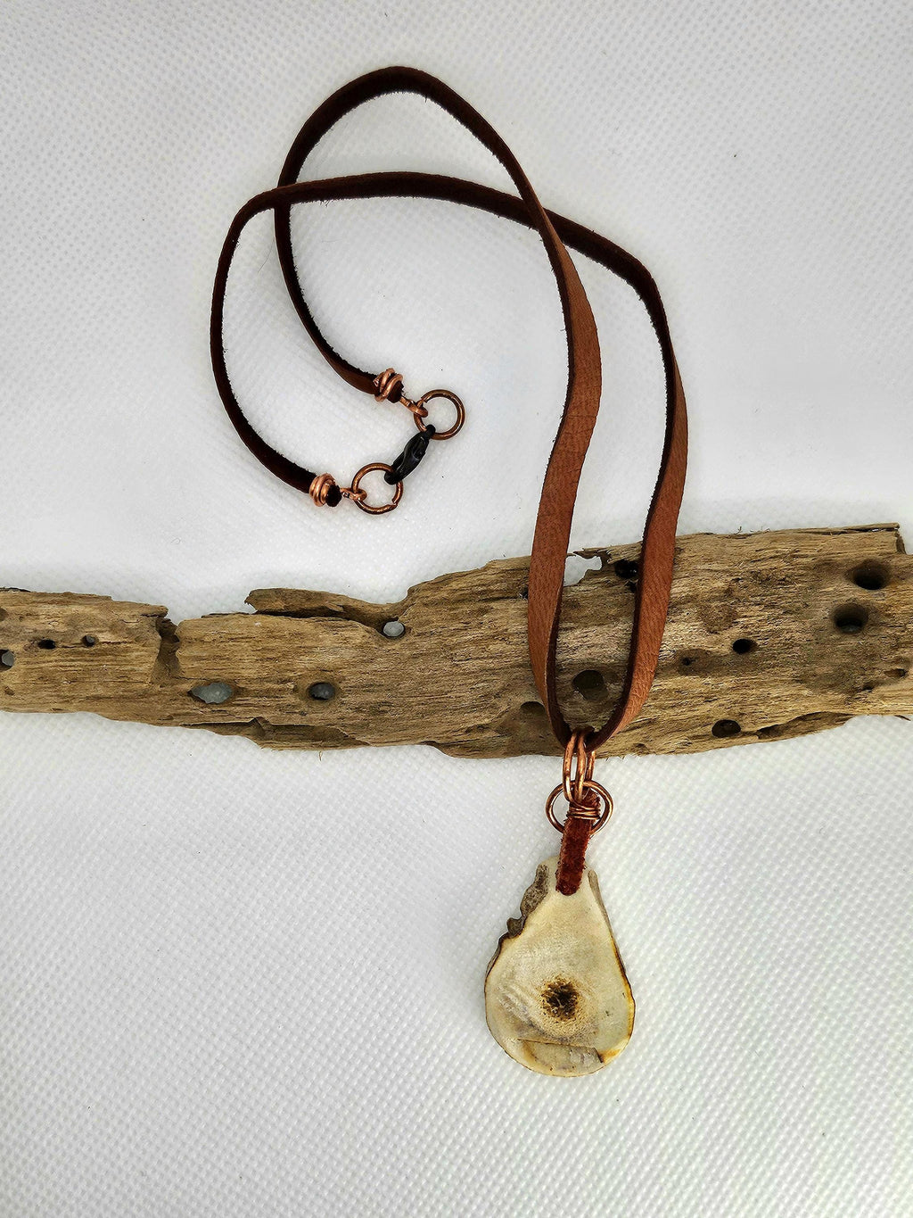 Natural Deer Antler Slice Pendant Necklace with Bullet Brass  Pink Tourmaline Accents on Leather Cord - Eco-Chic Woodland Jewelry