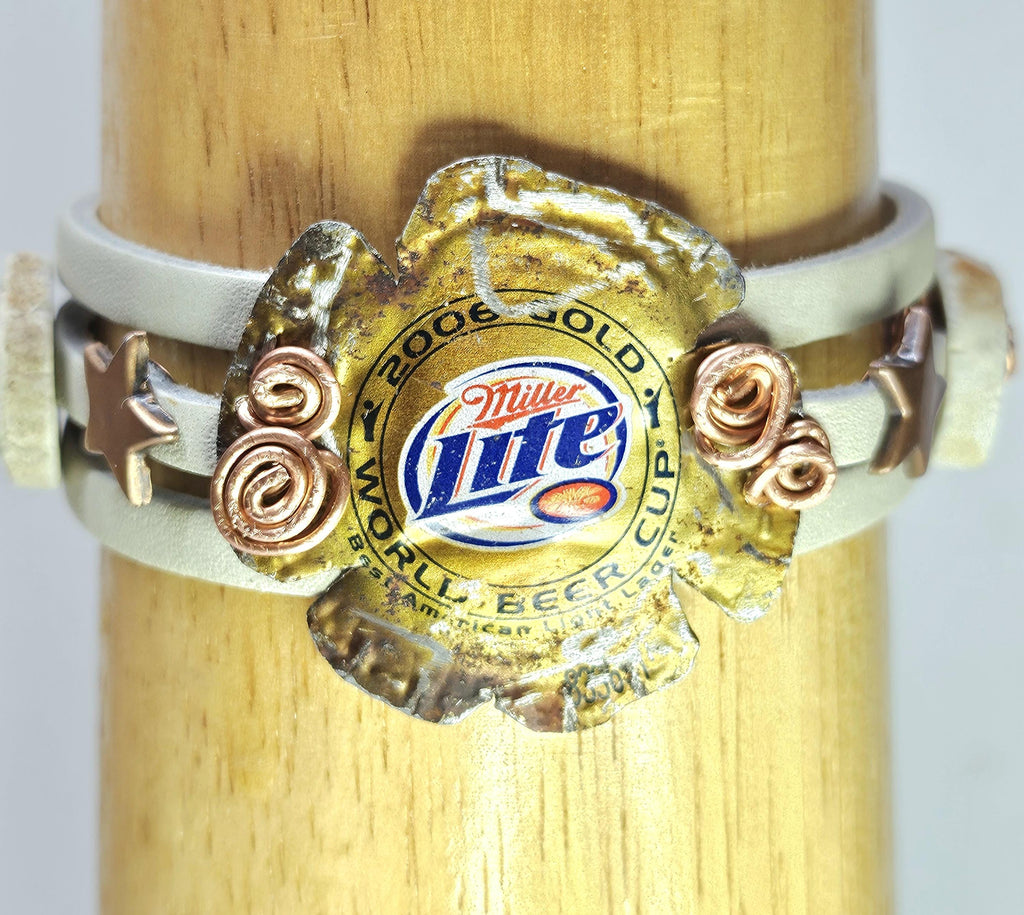 Metal Beer Cap Leather Bracelet with Genuine Deer Antler Slice for Rustic Strength Style  Masculinity