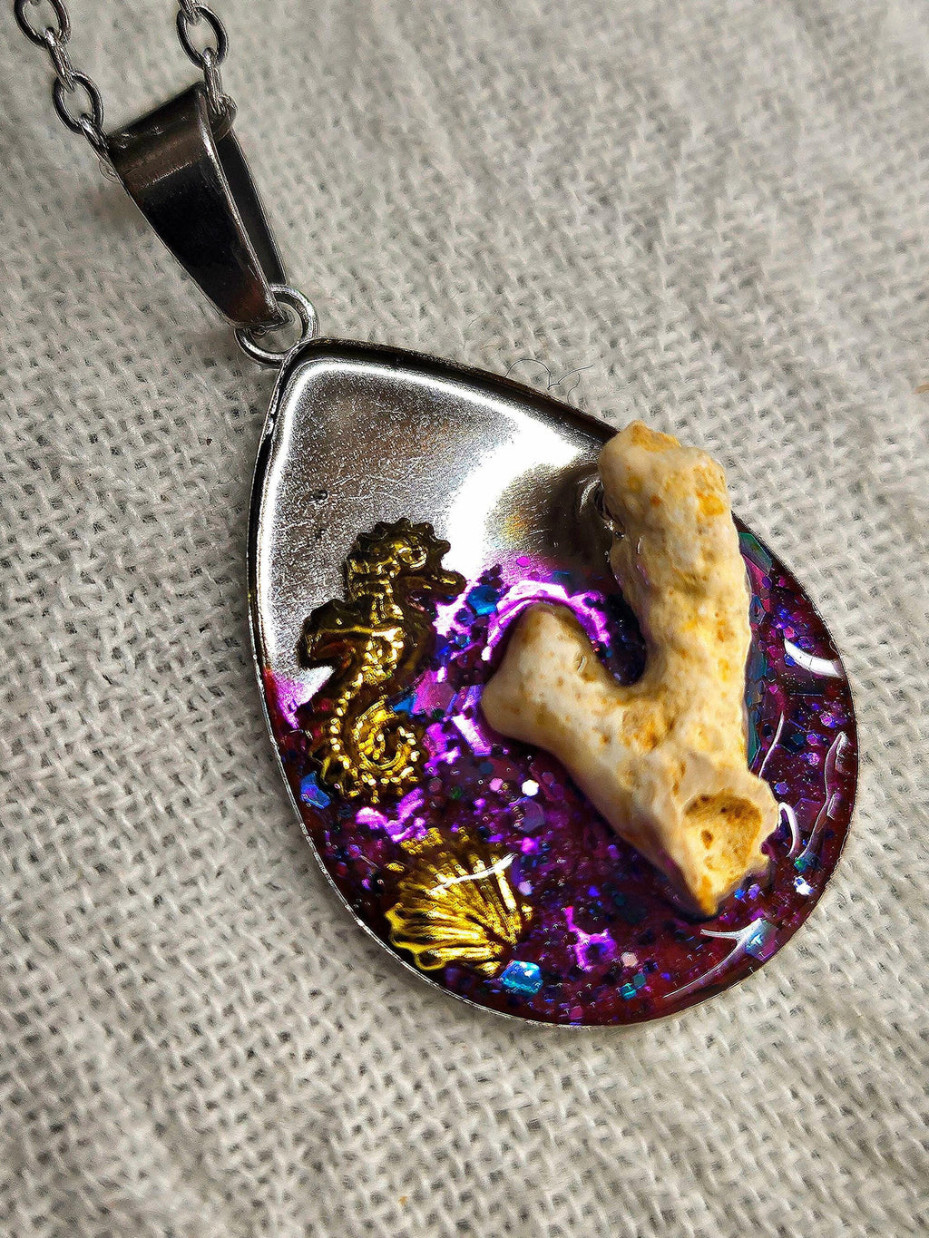 White Hawaiian Coral Pendant  Rustic Boho Handmade Jewelry Gift for Her  Unique Resin  Stainless Steel Accessory with Free Shipping