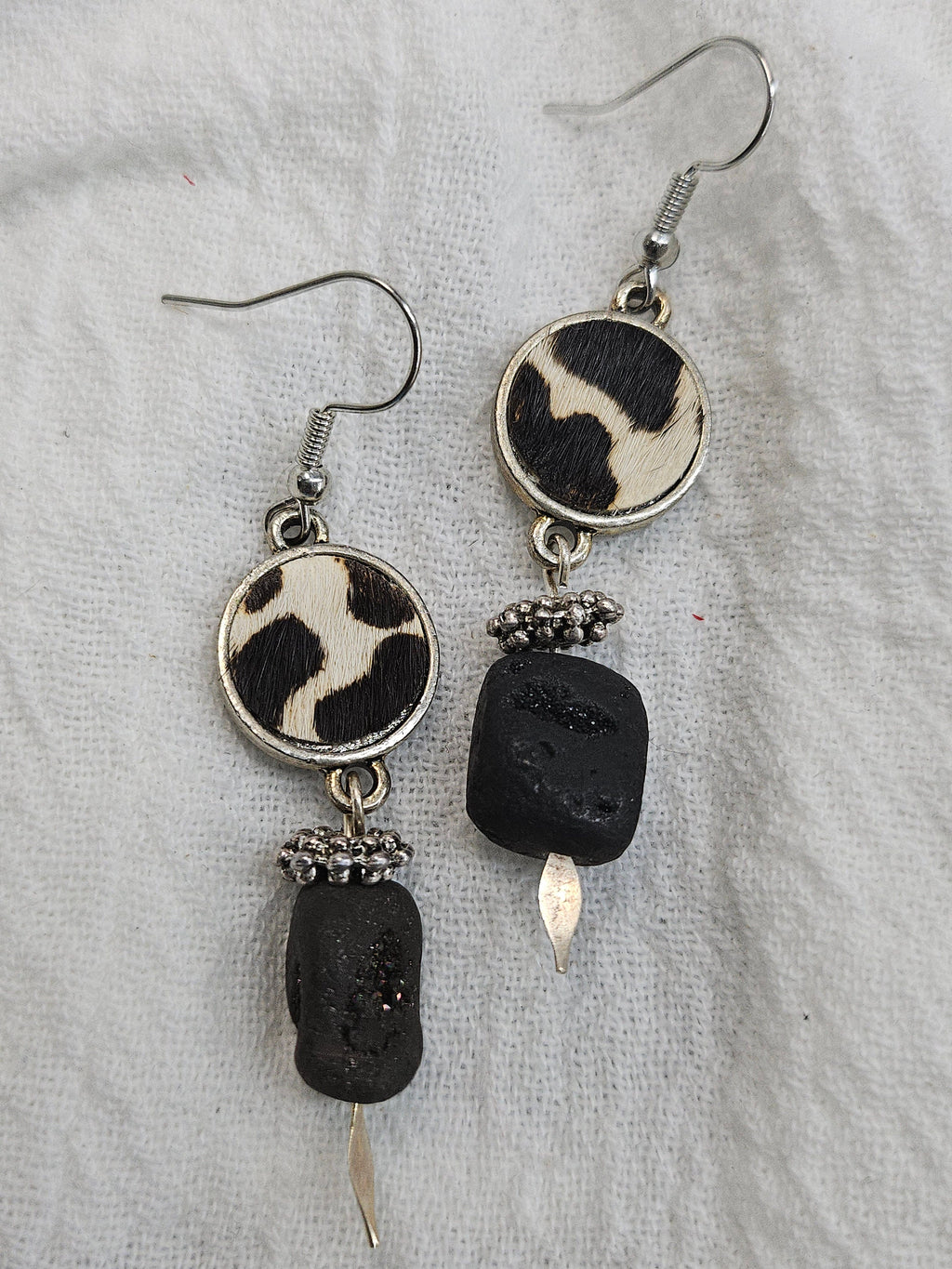 Handcrafted Leather Cow Print  Lava Stone Drop Earrings for Stylish Comfort  Unique Whimsical Accessory