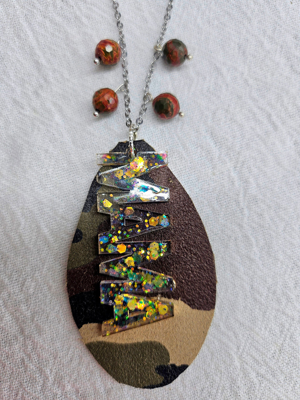 Mama Charm Leather Fringe Pendant with Cherry Creek Jasper Beads on Stainless Steel Chain - Stylish Camo Teardrop Accessory for Moms