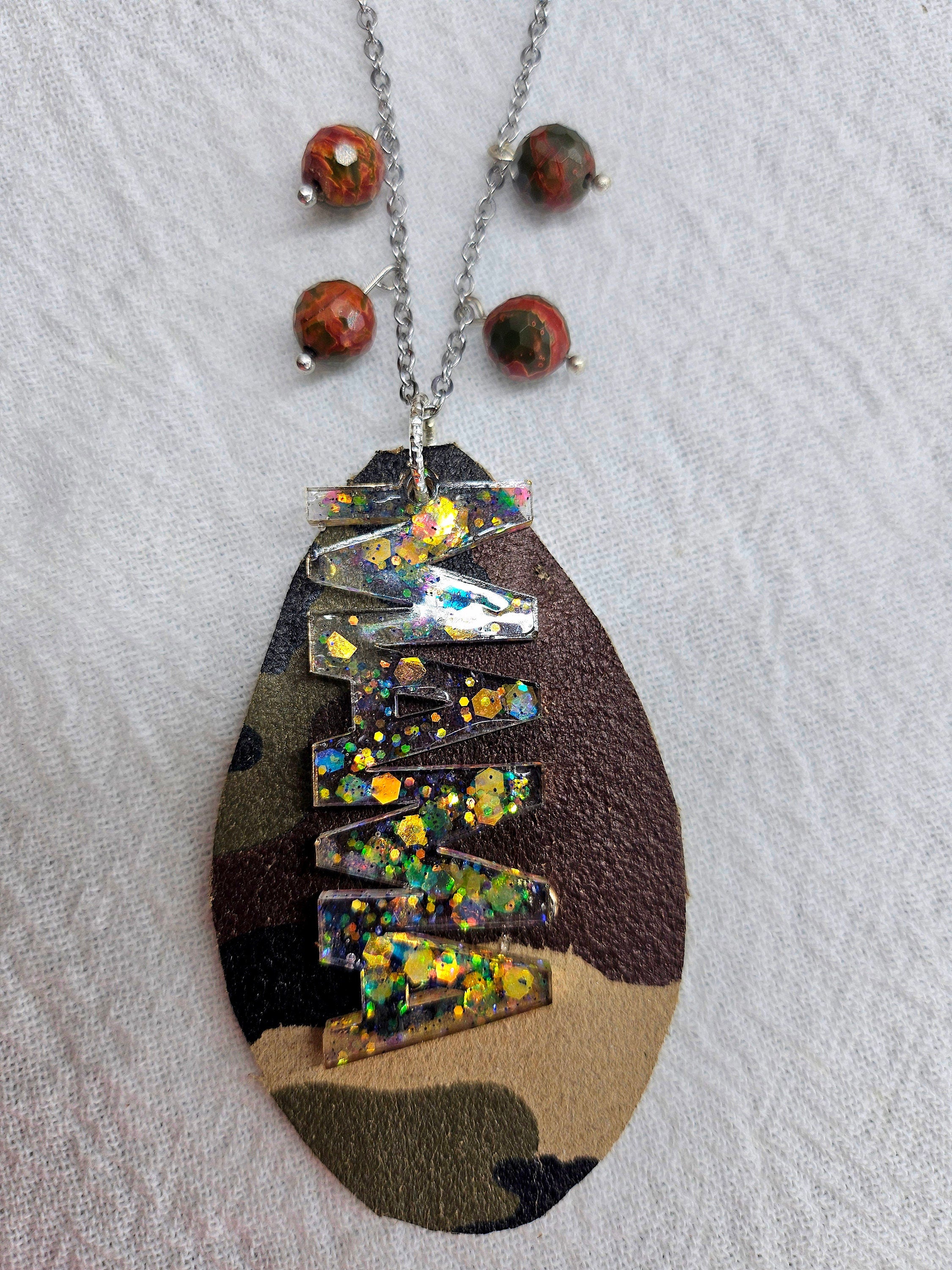 Mama Charm Leather Fringe Pendant with Cherry Creek Jasper Beads on Stainless Steel Chain - Stylish Camo Teardrop Accessory for Moms