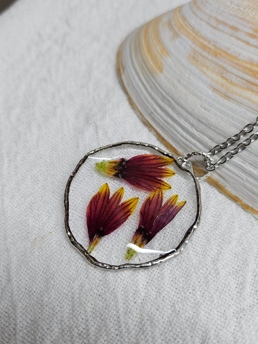 Dried Indian Blanket Flower Pendant Necklace on Durable Stainless Steel Chain - Nature-Inspired Floral Jewelry for Nature Lovers