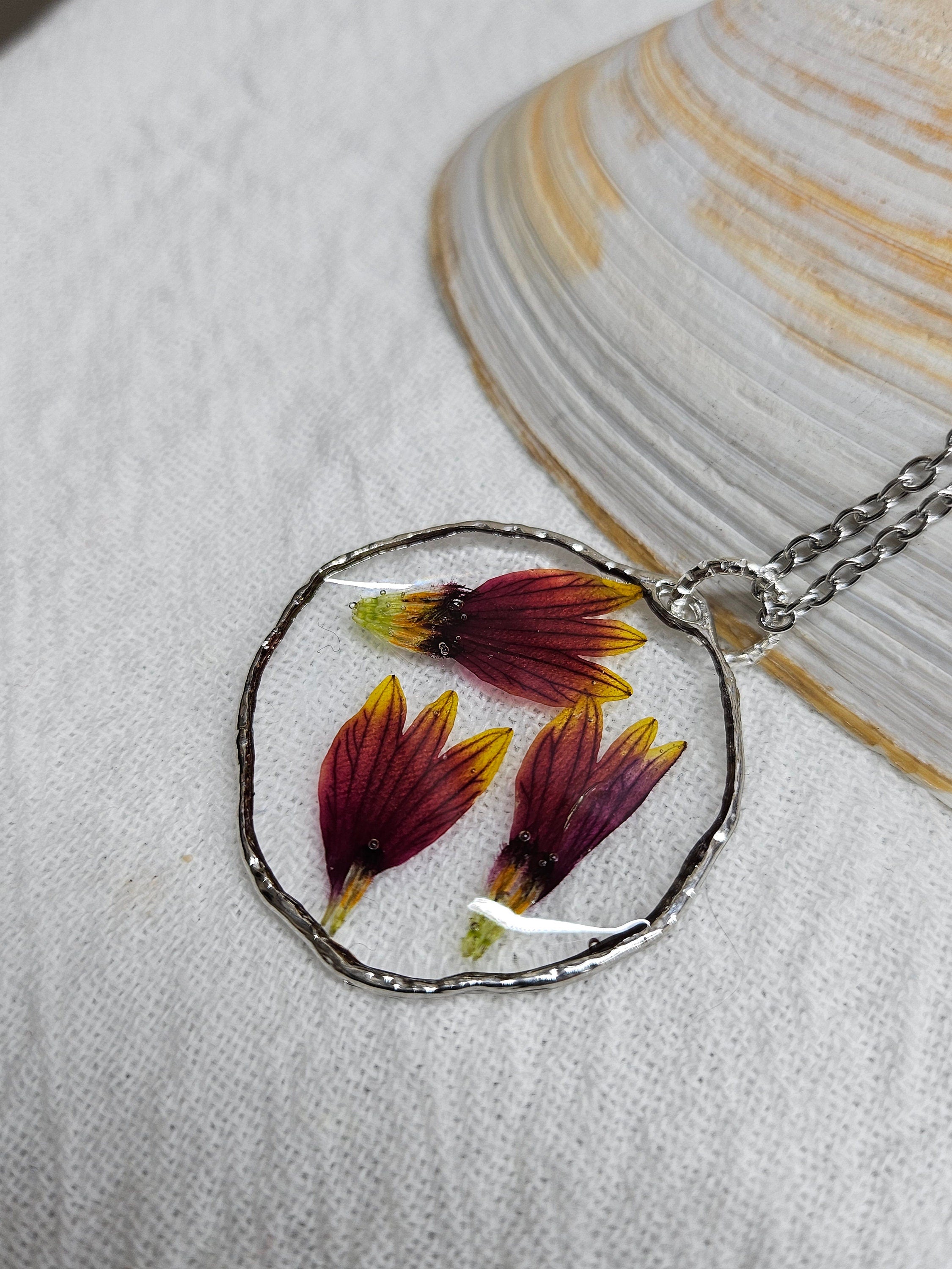 Dried Indian Blanket Flower Pendant Necklace on Durable Stainless Steel Chain - Nature-Inspired Floral Jewelry for Nature Lovers