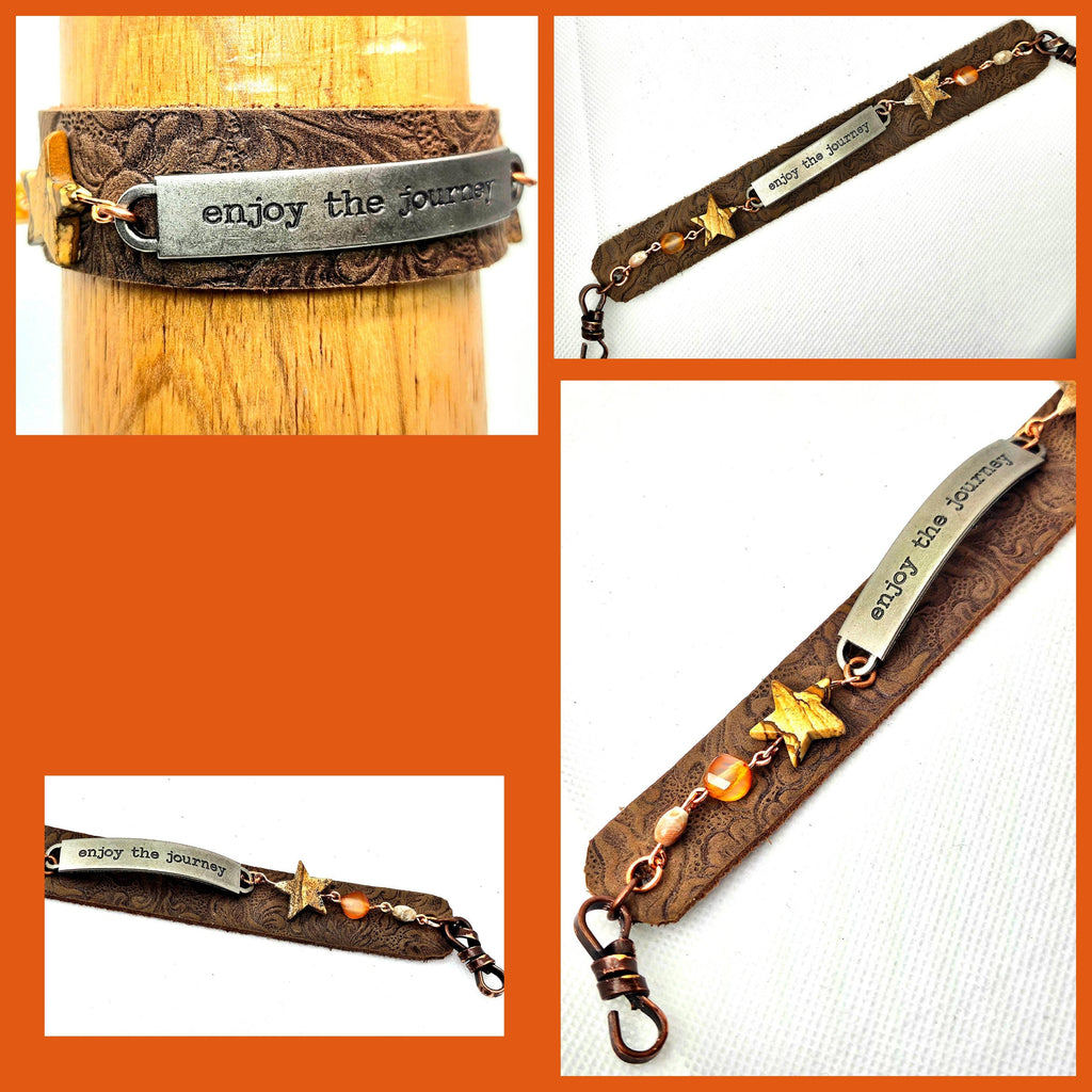 Tooled Leather  Jasper Stone Bracelet with Unique Word Plate Snap Closure for Stylish Comfort  Expression