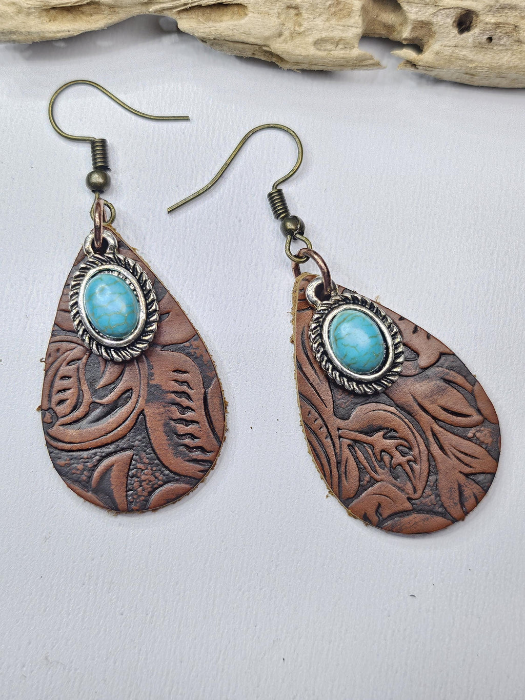 Handcut Leather Turquoise Dangle Earrings with Stainless Steel Hooks for Stylish Comfort