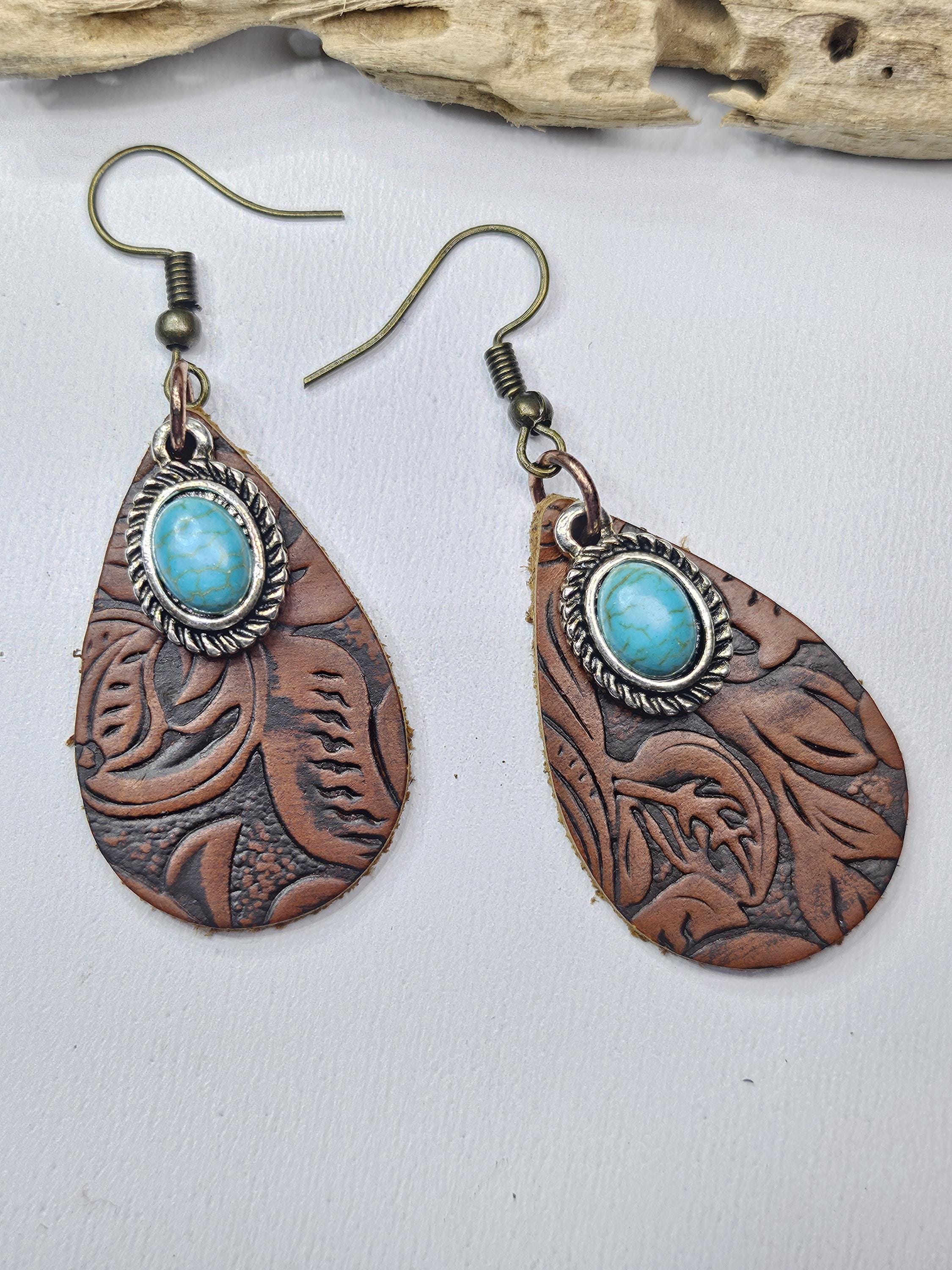 Handcut Leather Turquoise Dangle Earrings with Stainless Steel Hooks for Stylish Comfort