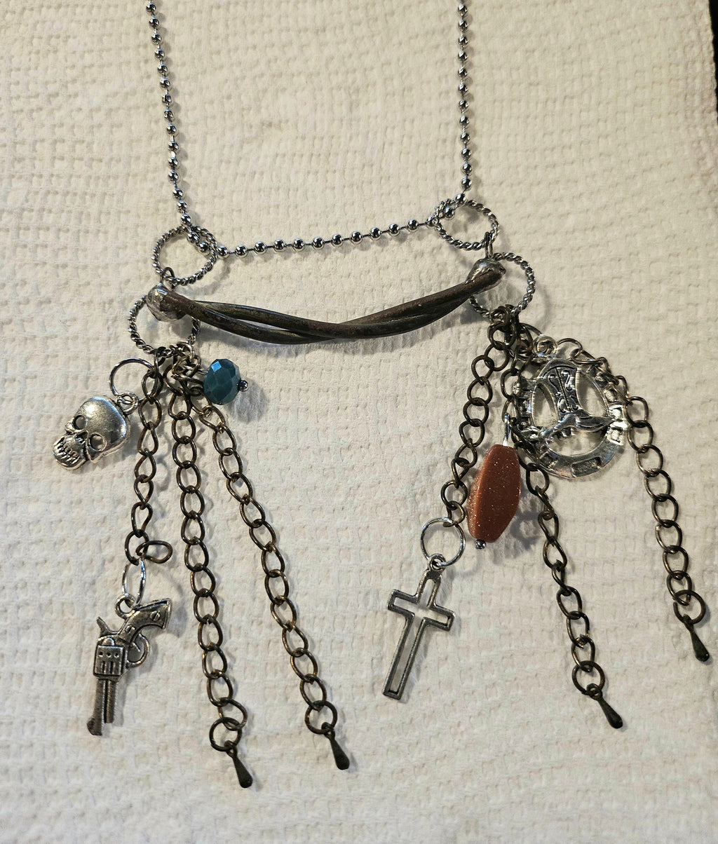 Rustic Bar Necklace with Goldstone  Silver Solder on Stainless Steel Chain - Unique Handmade Jewelry for Rustic Charm