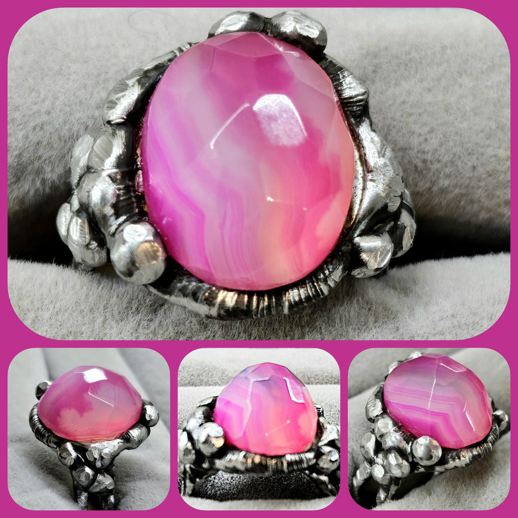 Pink Chalcedony  Silver Solder Ring  Handmade Rustic Boho Jewelry Gift for Her with FREE Shipping  Unique Statement Piece