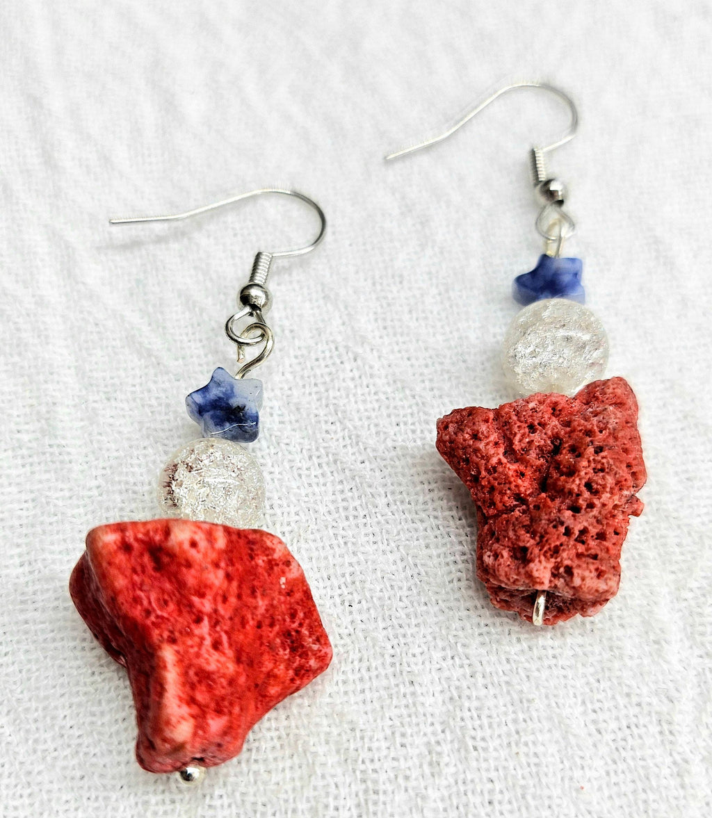 Natural Red Coral  Sodalite Drop Earrings - Handmade Rustic Boho Jewelry Gift for Her - Unique Statement Earrings with Free Shipping