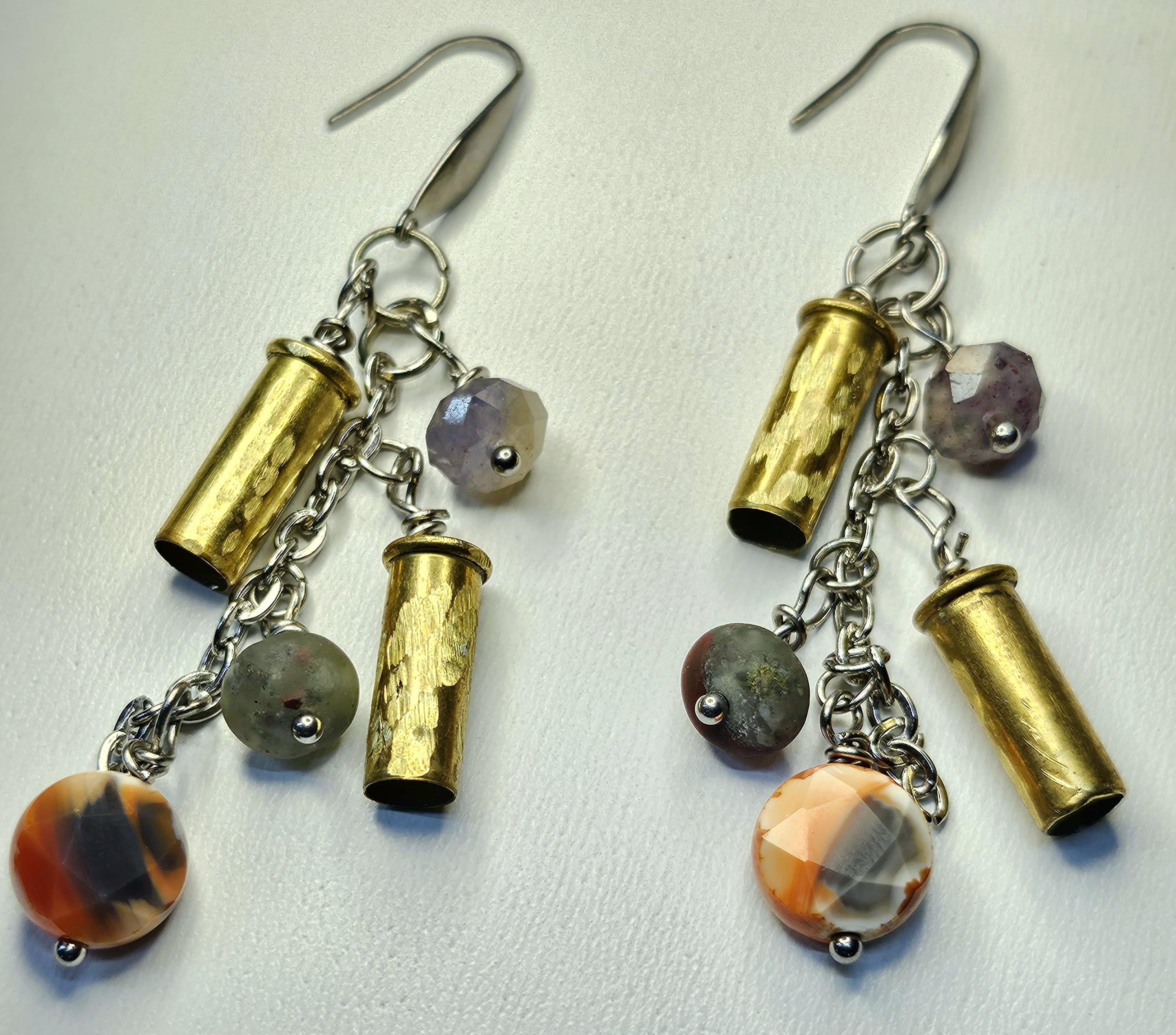 Hand Textured 22 Shell Earrings with Carnelian Amethyst  Bloodstone Beads on Stainless Steel Hooks  Unique Statement Jewelry