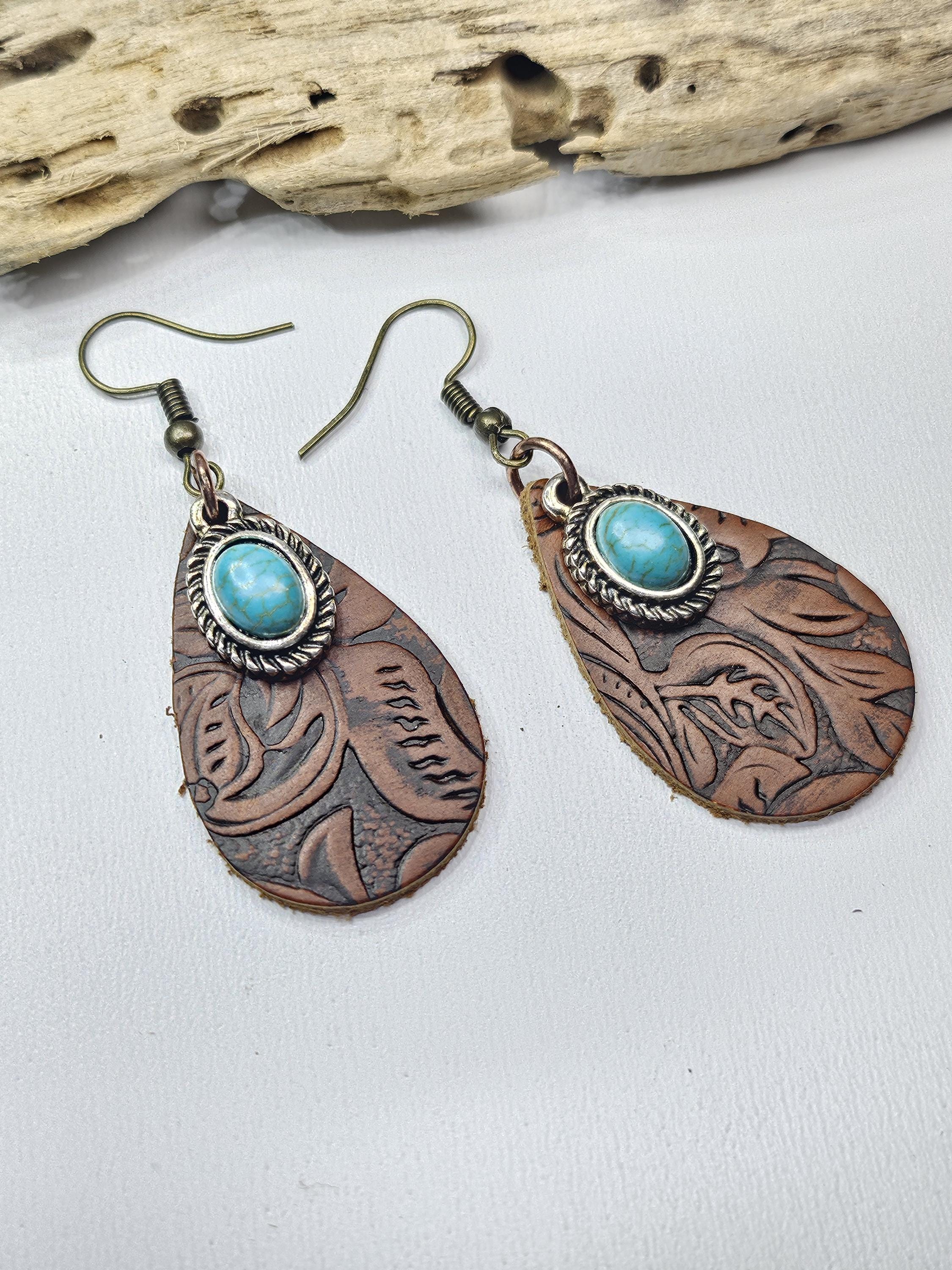 Handcut Leather Turquoise Dangle Earrings with Stainless Steel Hooks for Stylish Comfort