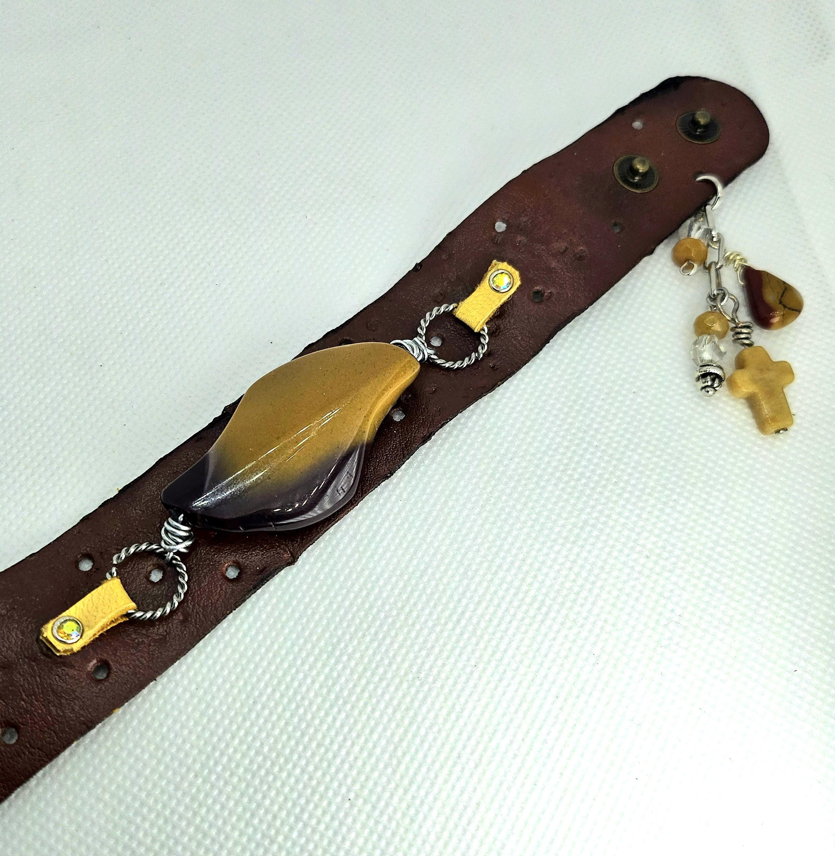 Handmade Mookite Leather Cuff Bracelet with Sparkling Rhinestone Studs and Convenient Button Closure