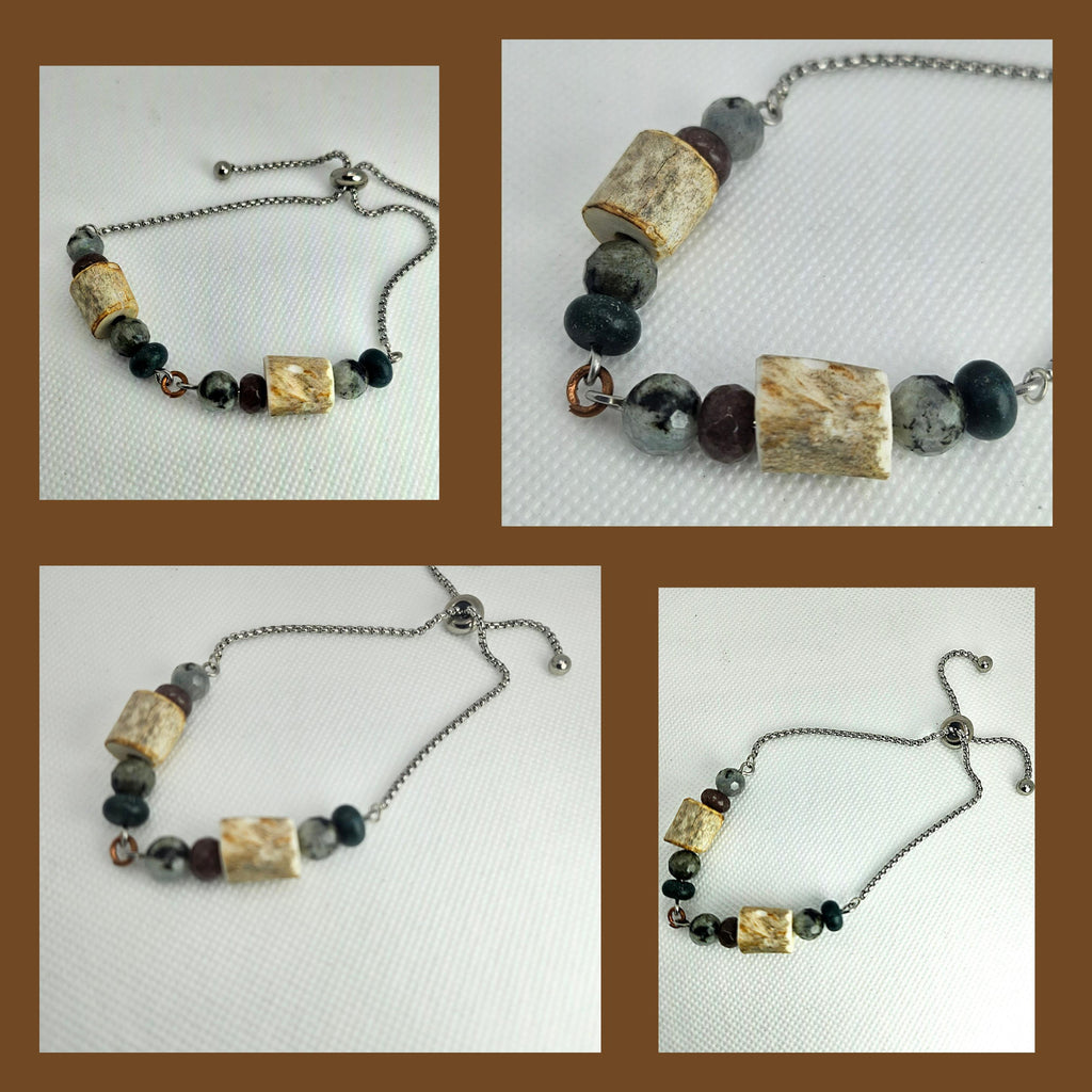 Deer Antler Bead  Kiwi Jasper Slide Bracelet - Rustic Boho Handmade Jewelry Gift for Her - Unique Statement Piece with Free Shipping