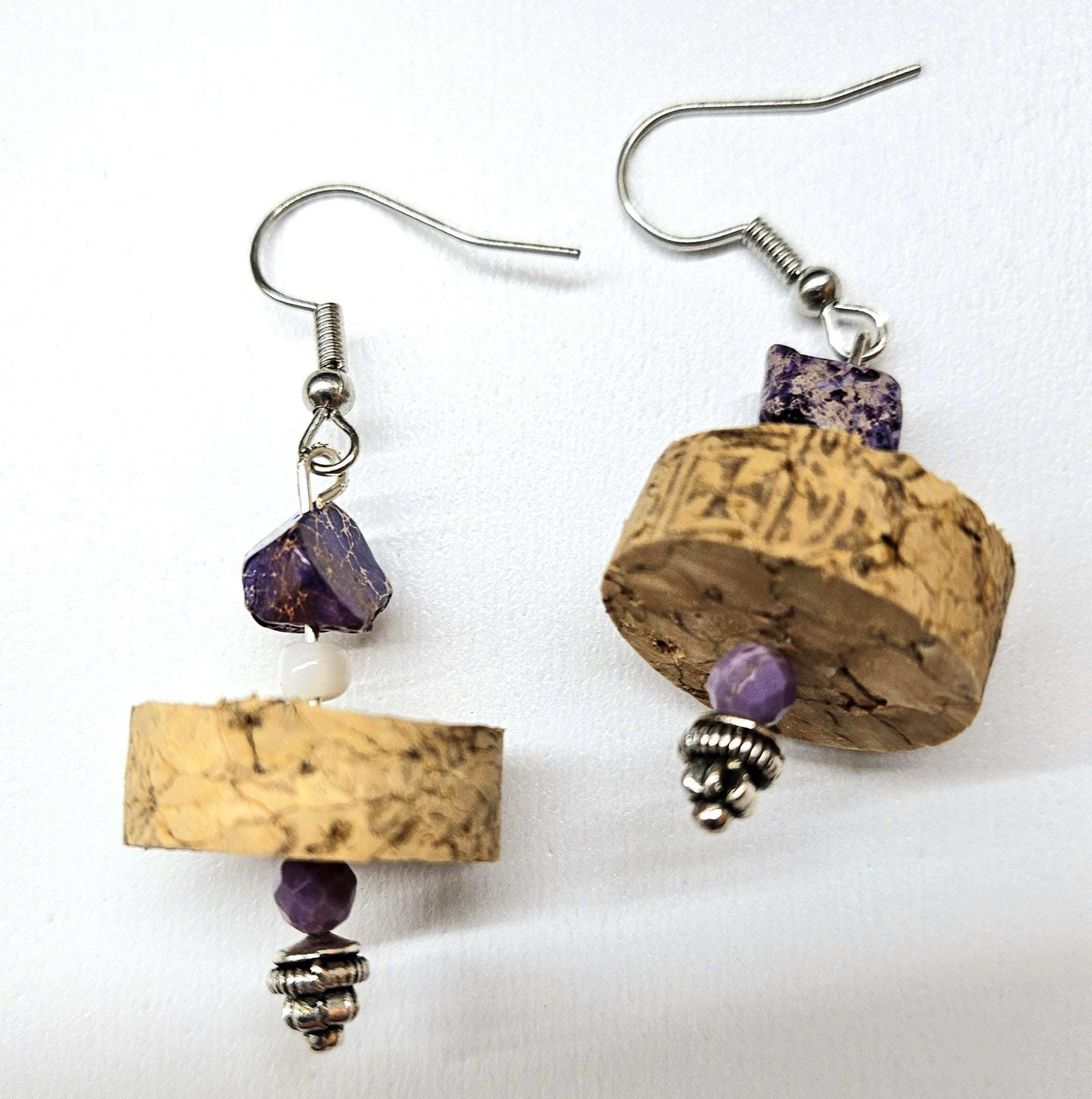 Purple Sea Sediment Jasper & Wine Cork Earrings Rustic Boho Handmade Jewelry Gift for Her Free Shipping | Rustic Boho Jewelry #363