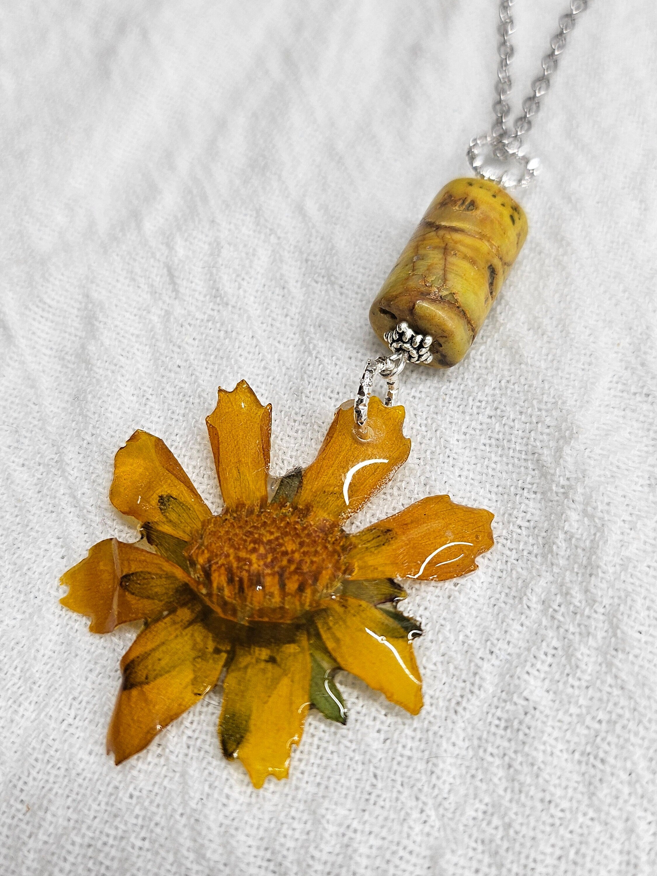 Sneezeweed Flower  Yellow Crazy Lace Agate Pendant on Stainless Steel Chain - Whimsical Nature-Inspired Jewelry for Flower Children