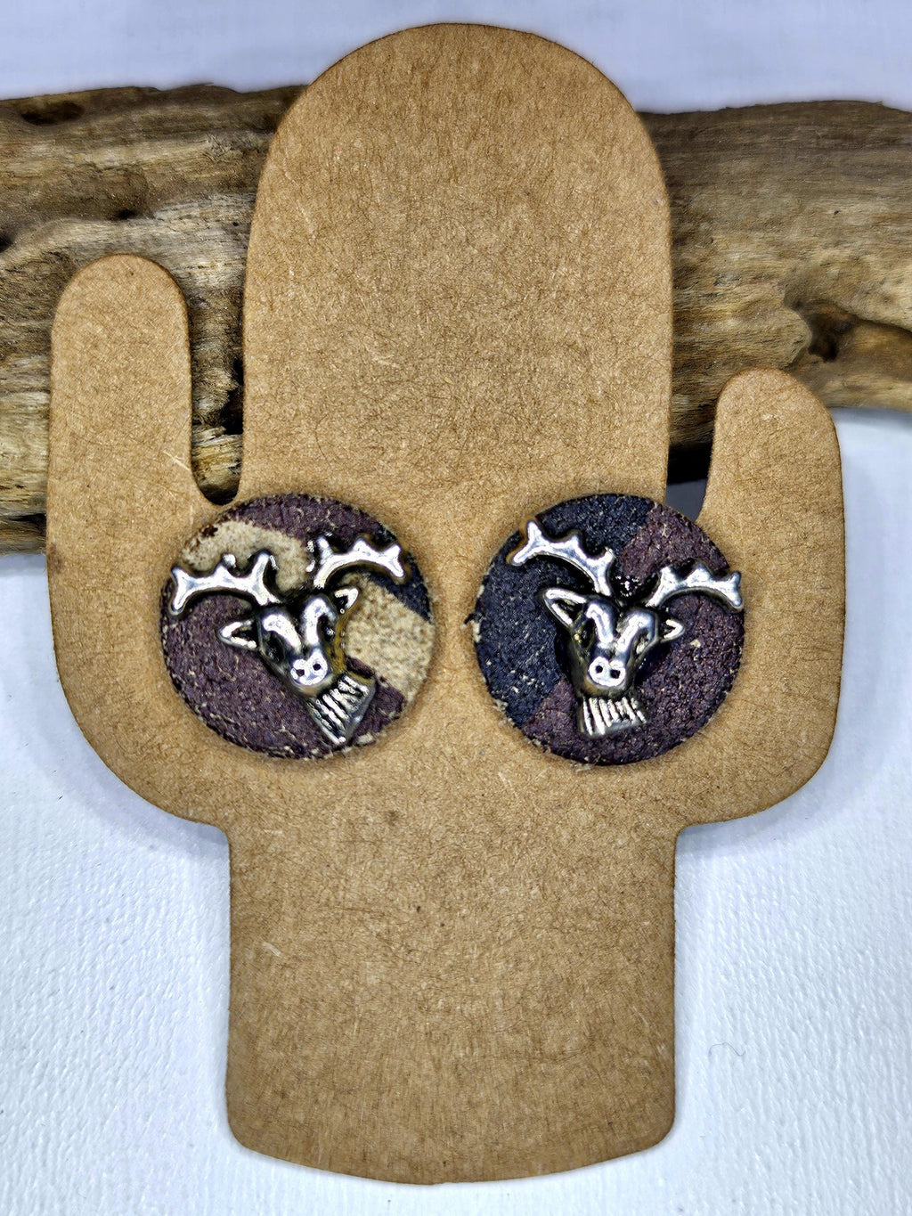 Handcut Camouflage Leather Stud Earrings with Whimsical Deer Charm for Nature Lovers Adventurers  Animal Enthusiasts