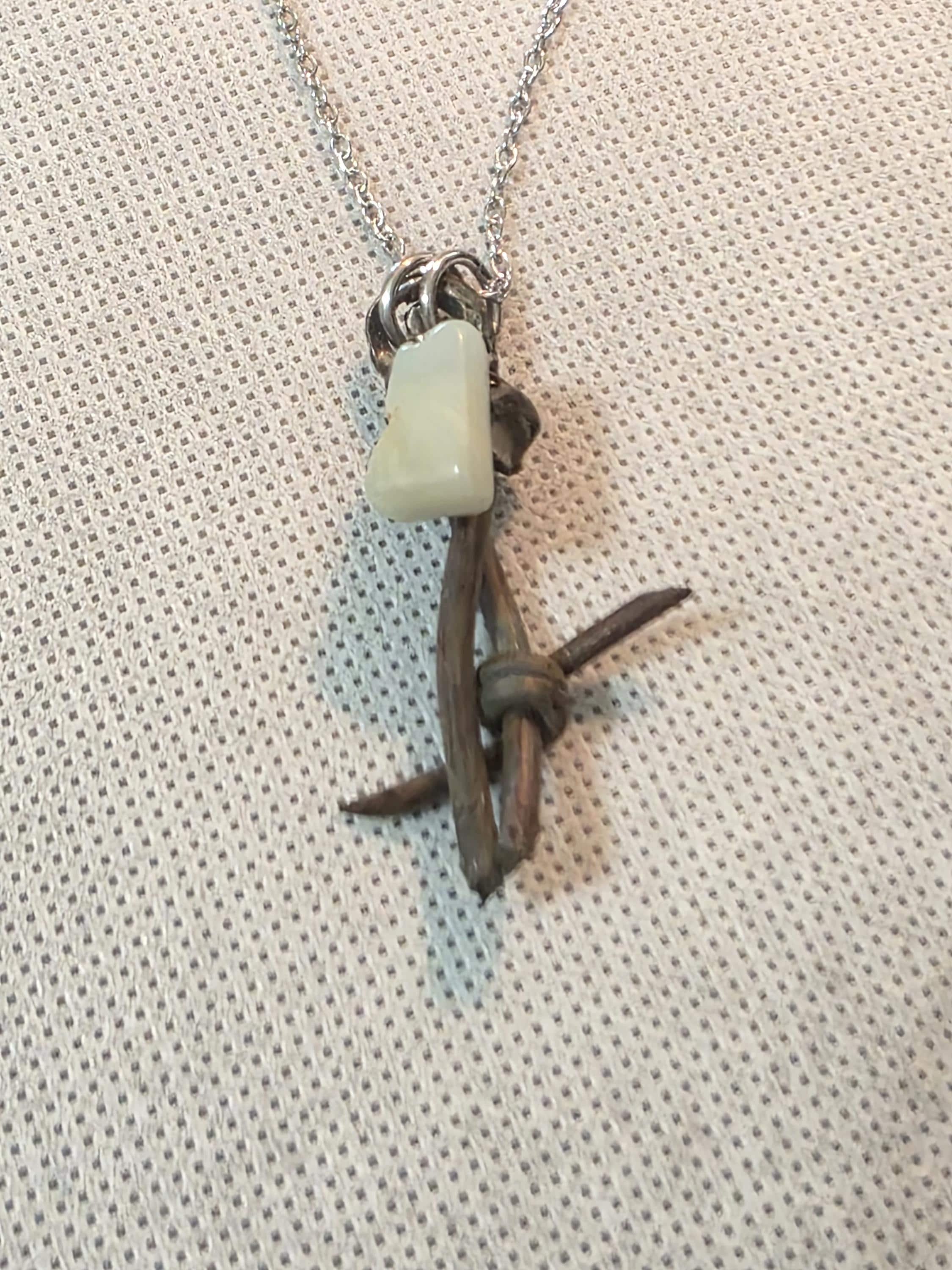 Handmade Barbed Wire Green Jade Pendant on Stainless Steel Chain - Unique Rustic Boho Jewelry for Gift or Personal Style