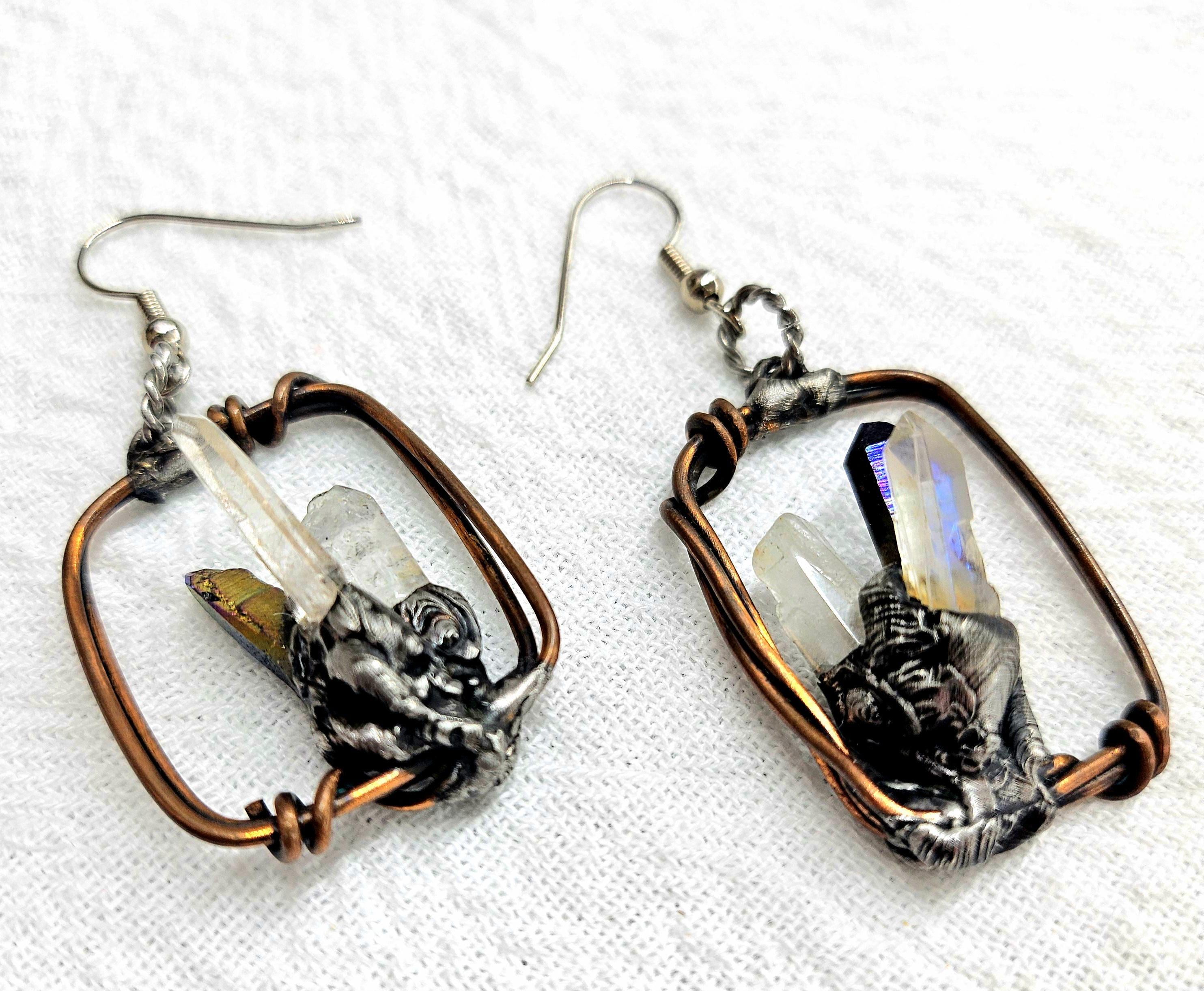 Rustic Wire  Crystal Point Earrings - Handmade Boho Jewelry Gift for Her - Unique Rustic Design with Free Shipping