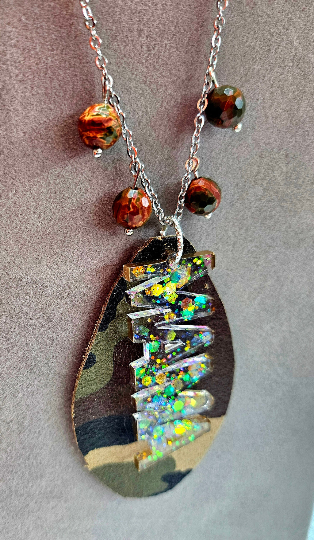 Mama Charm Leather Fringe Pendant with Cherry Creek Jasper Beads on Stainless Steel Chain - Stylish Camo Teardrop Accessory for Moms