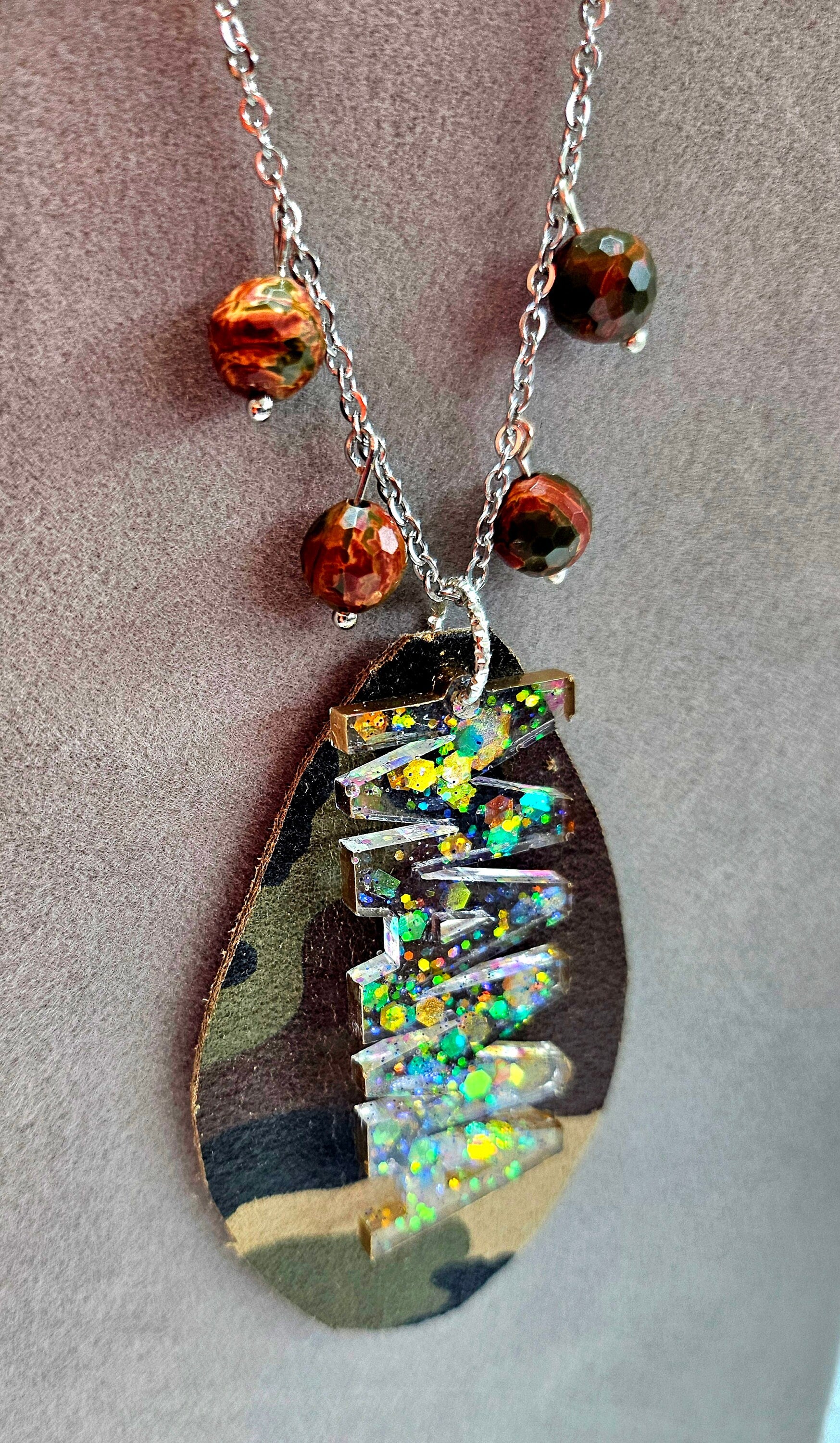 Mama Charm Leather Fringe Pendant with Cherry Creek Jasper Beads on Stainless Steel Chain - Stylish Camo Teardrop Accessory for Moms