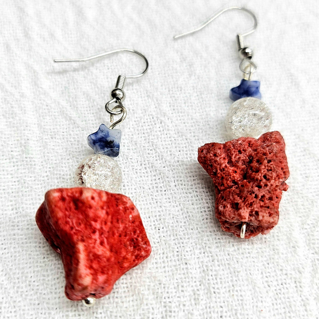Natural Red Coral  Sodalite Drop Earrings - Handmade Rustic Boho Jewelry Gift for Her - Unique Statement Earrings with Free Shipping