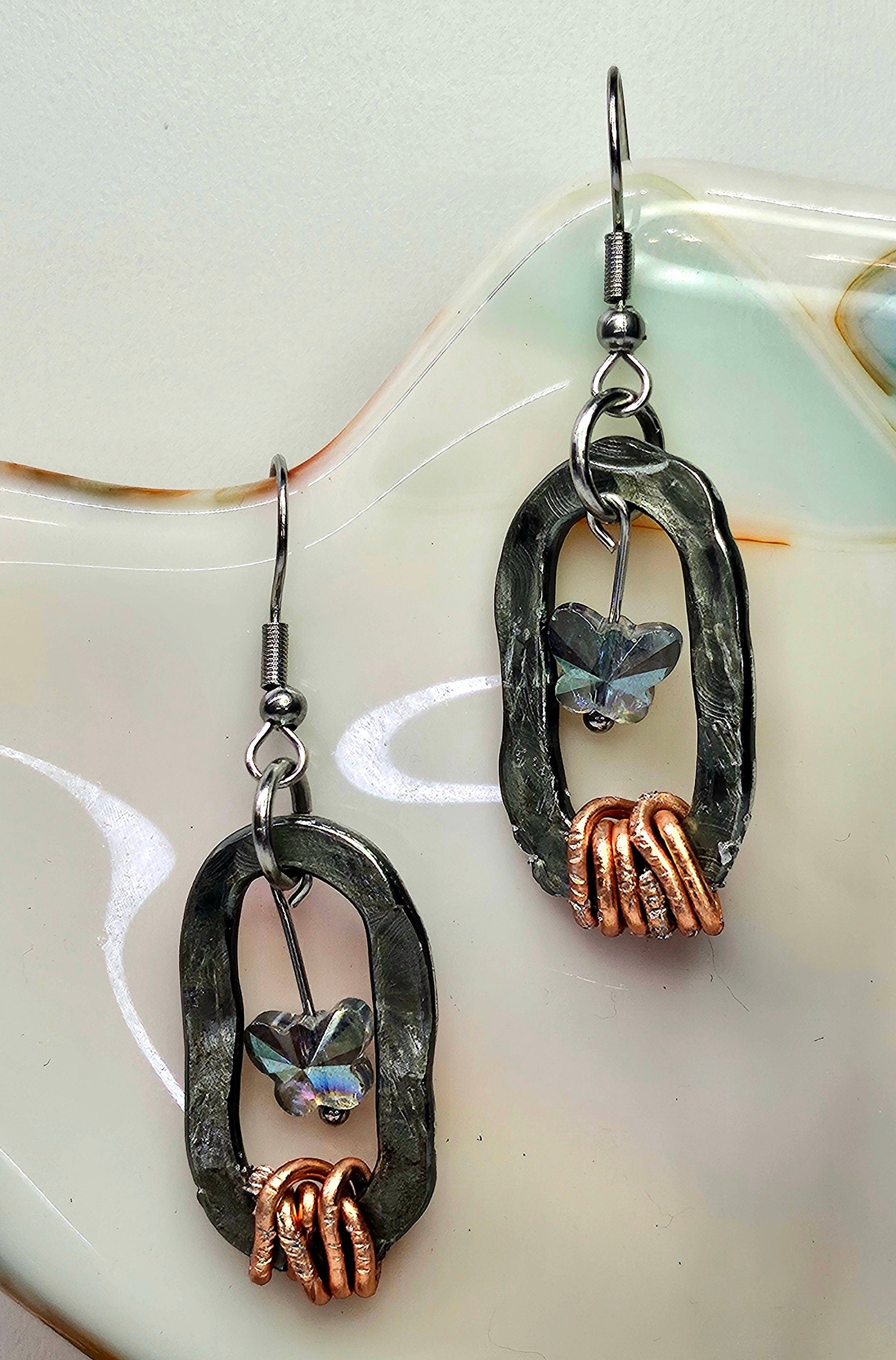 Swarovski Crystal Butterfly Earrings with Textured Metal Links  Stainless Steel Hooks for Everyday Elegance