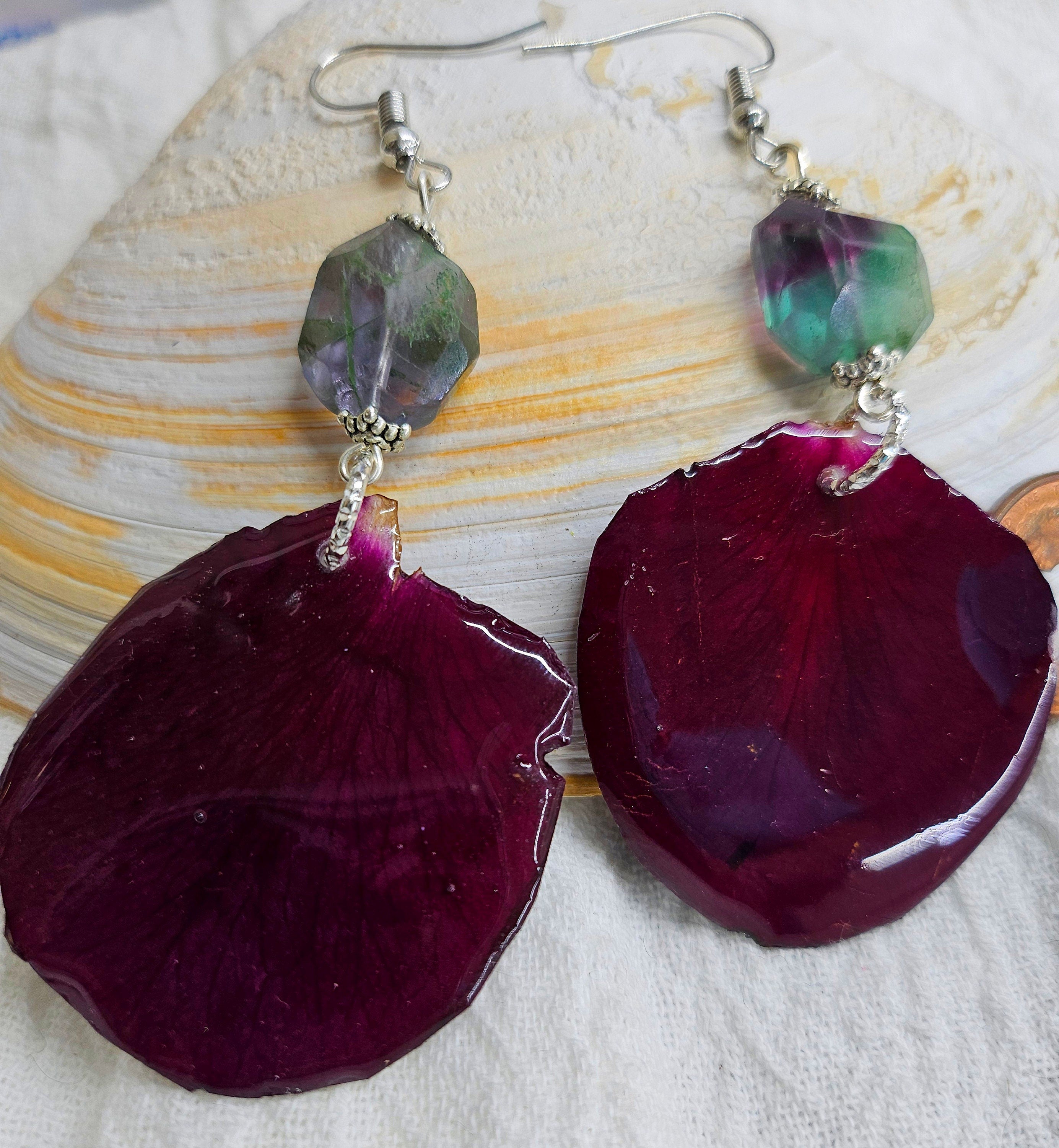 Dried  Pressed Rose Petal Earrings with Flourite Stone - Nature-Inspired Jewelry for Garden Lovers Floral Accessories for Every Occasion