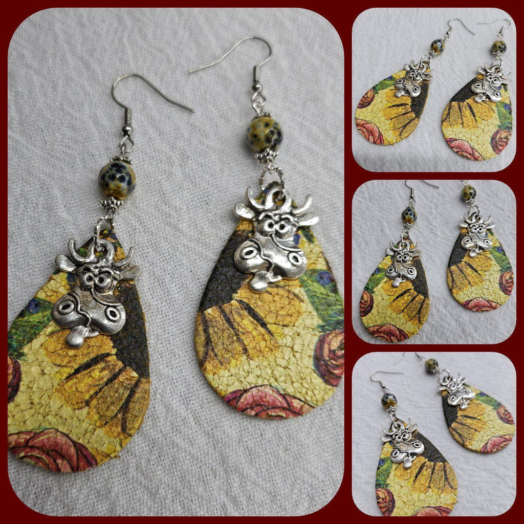 Leather Sunflower  Cow Print Dangle Earrings Handmade Rustic Boho Style Unique Stainless Steel Accessory for Gifting