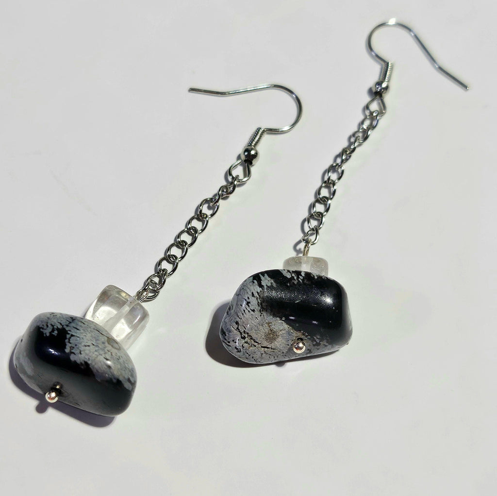 Snowflake Obsidian  Chain Drop Earrings Handmade Rustic Boho Jewelry Gift for Her Unique Statement Accessories with Free Shipping