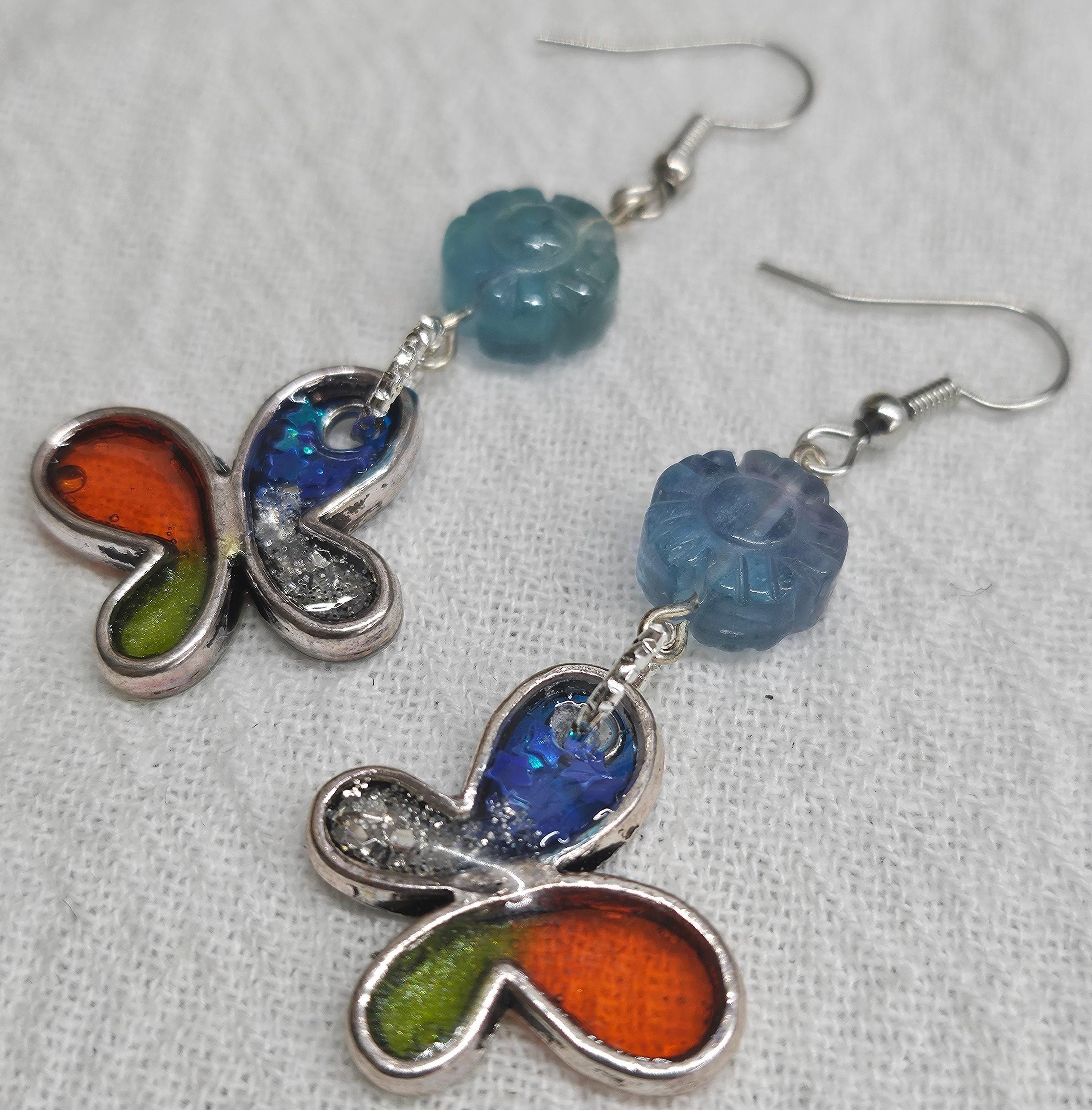 Butterfly  Flourite Drop Earrings  Rustic Boho Handmade Jewelry Gift for Her  FREE Shipping  Unique Style
