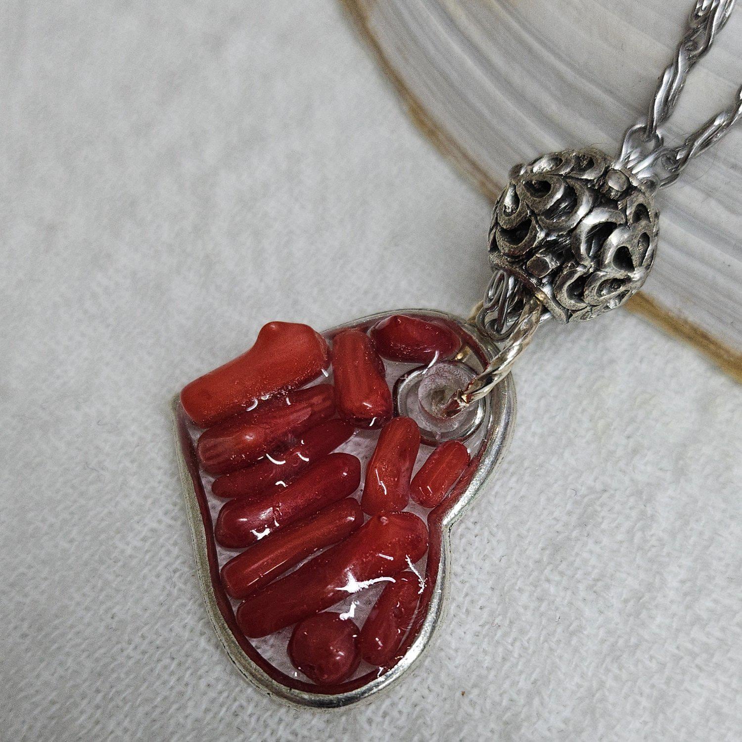 Natural Red Coral Pendant Necklace with Stainless Steel Filigree Bead on 20 Chain - Unique Ocean-Inspired Jewelry for Stylish Women