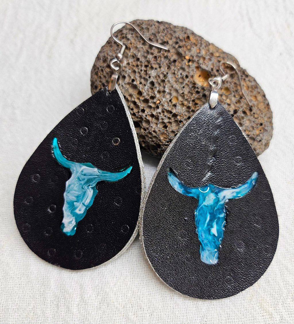 Leather Teardrop Bull Head Earrings - Rustic Boho Handmade Jewelry Gift for Her - Unique Statement Piece for Cowgirl Style  Everyday Wear