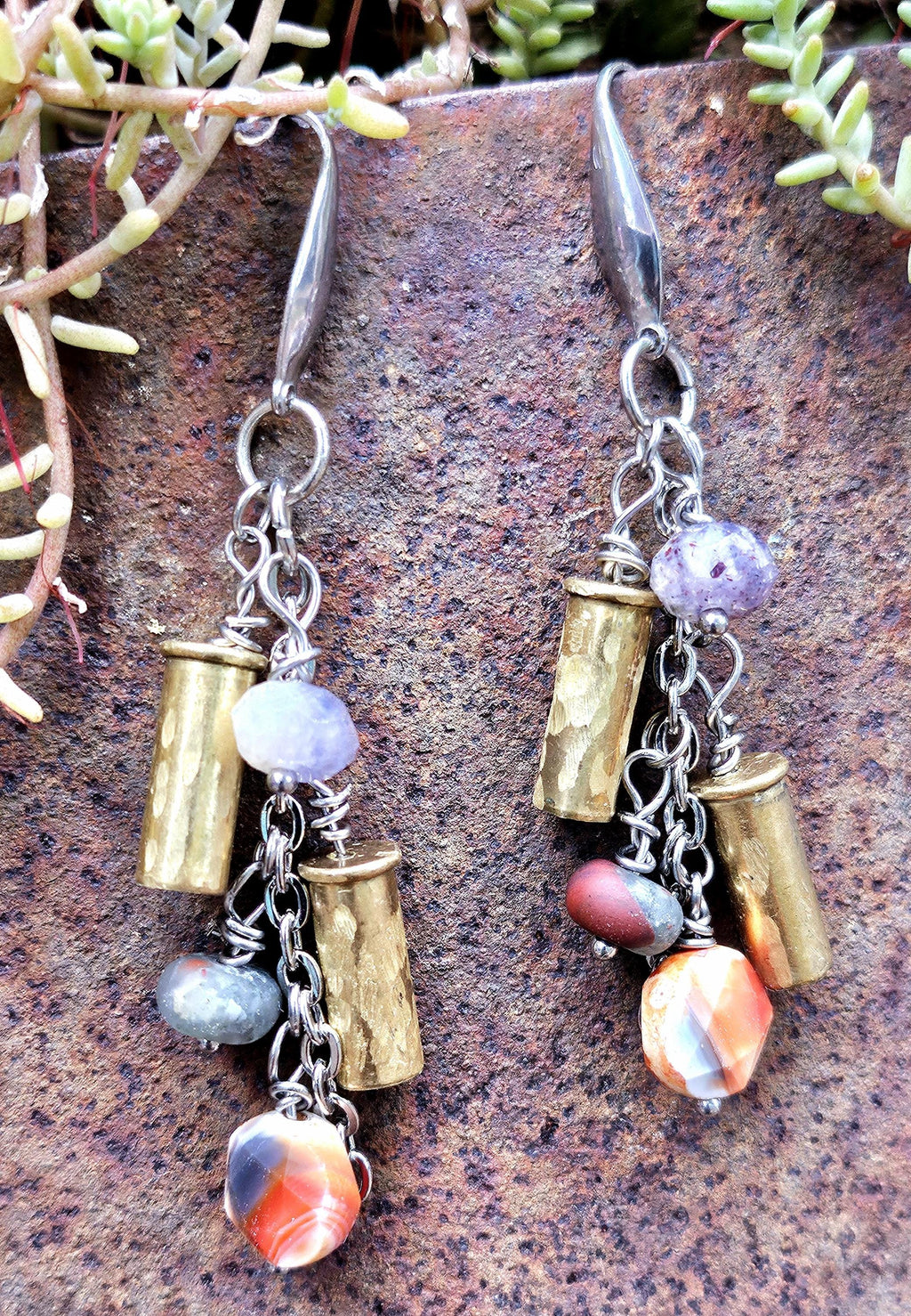 Hand Textured 22 Shell Earrings with Carnelian Amethyst  Bloodstone Beads on Stainless Steel Hooks  Unique Statement Jewelry