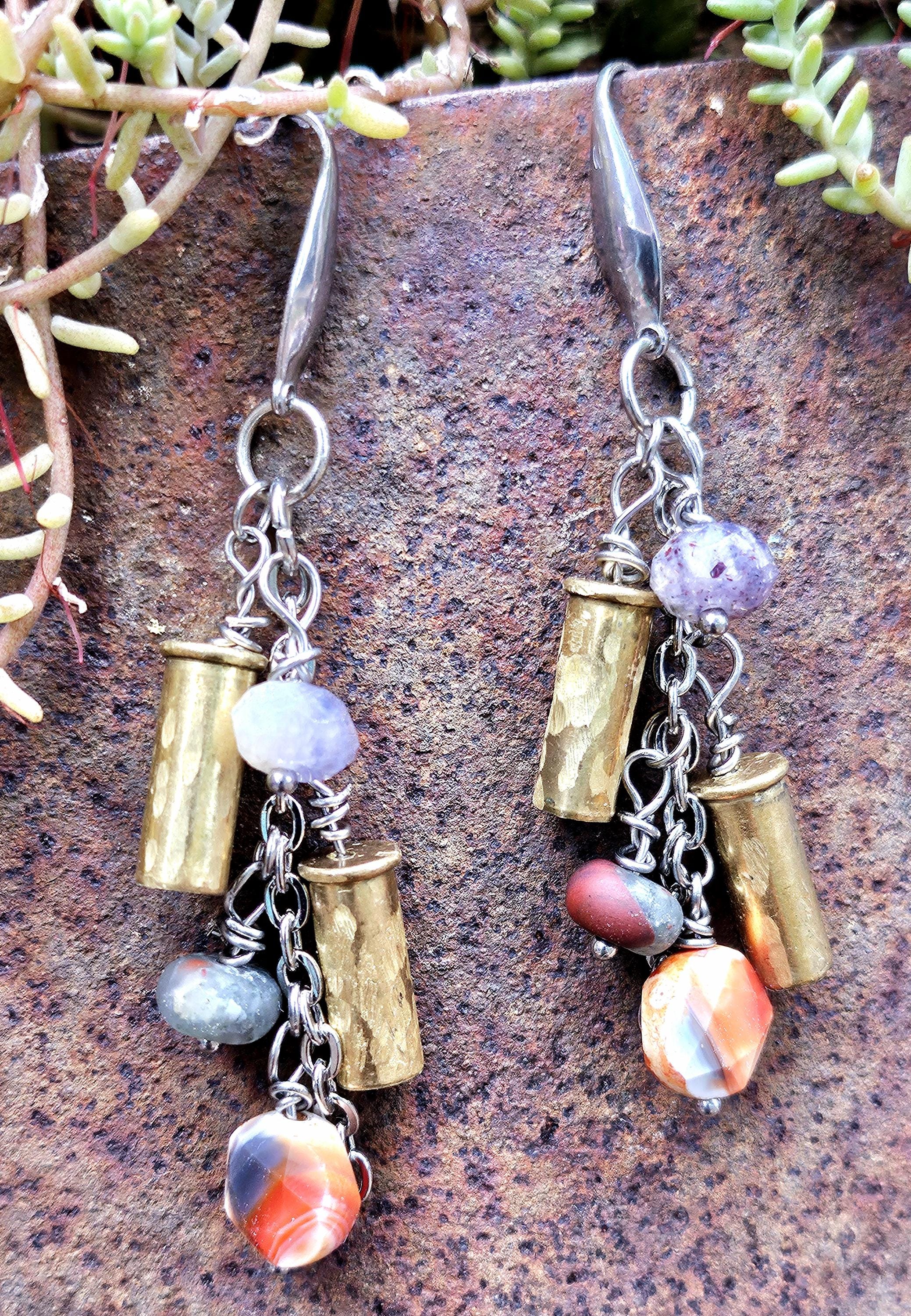 Hand Textured 22 Shell Earrings with Carnelian Amethyst  Bloodstone Beads on Stainless Steel Hooks  Unique Statement Jewelry