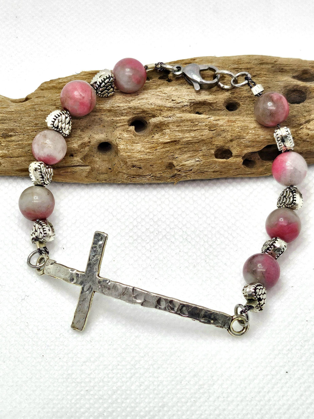 Rhodonite  Heart Charm Bracelet  Handmade Rustic Boho Jewelry Gift for Her  Free Shipping Everyday Wear Unique Accessory