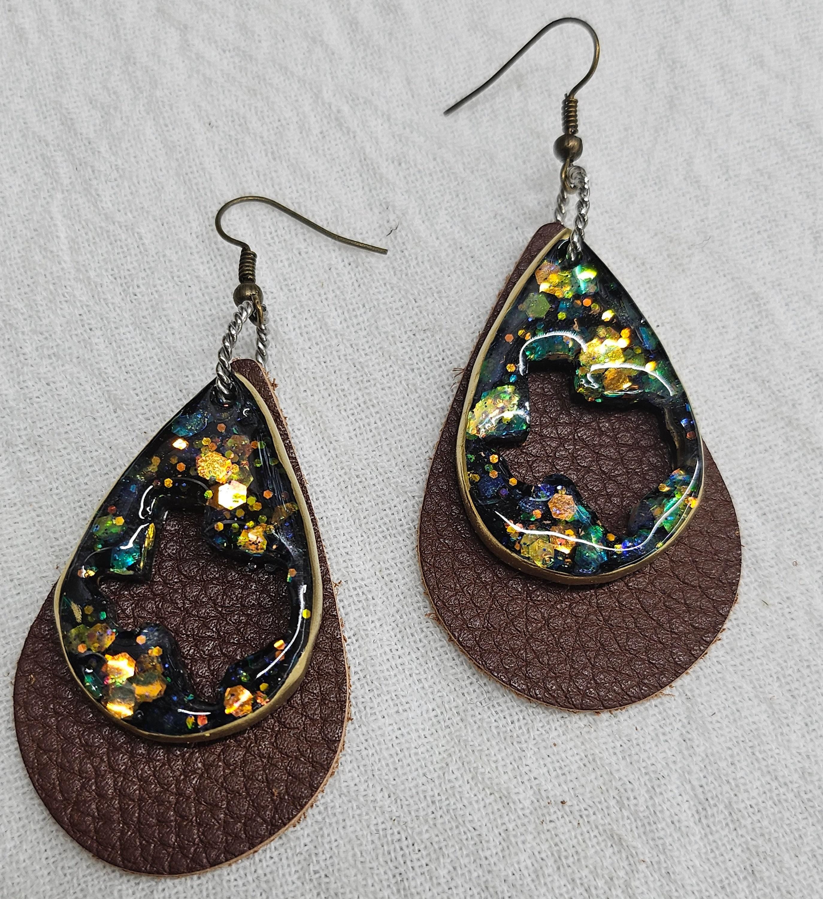 Leather Teardrop Texas Earrings - Handmade Rustic Boho Jewelry Gift for Her - Stylish  Unique Accessory with Free Shipping