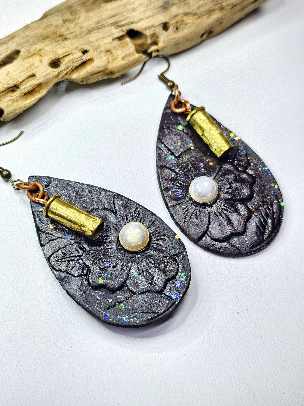 Embossed Leather Pearl Stud Earrings with 22 Bullet Brass Detail - Unique Fashion Statement for Bold Style