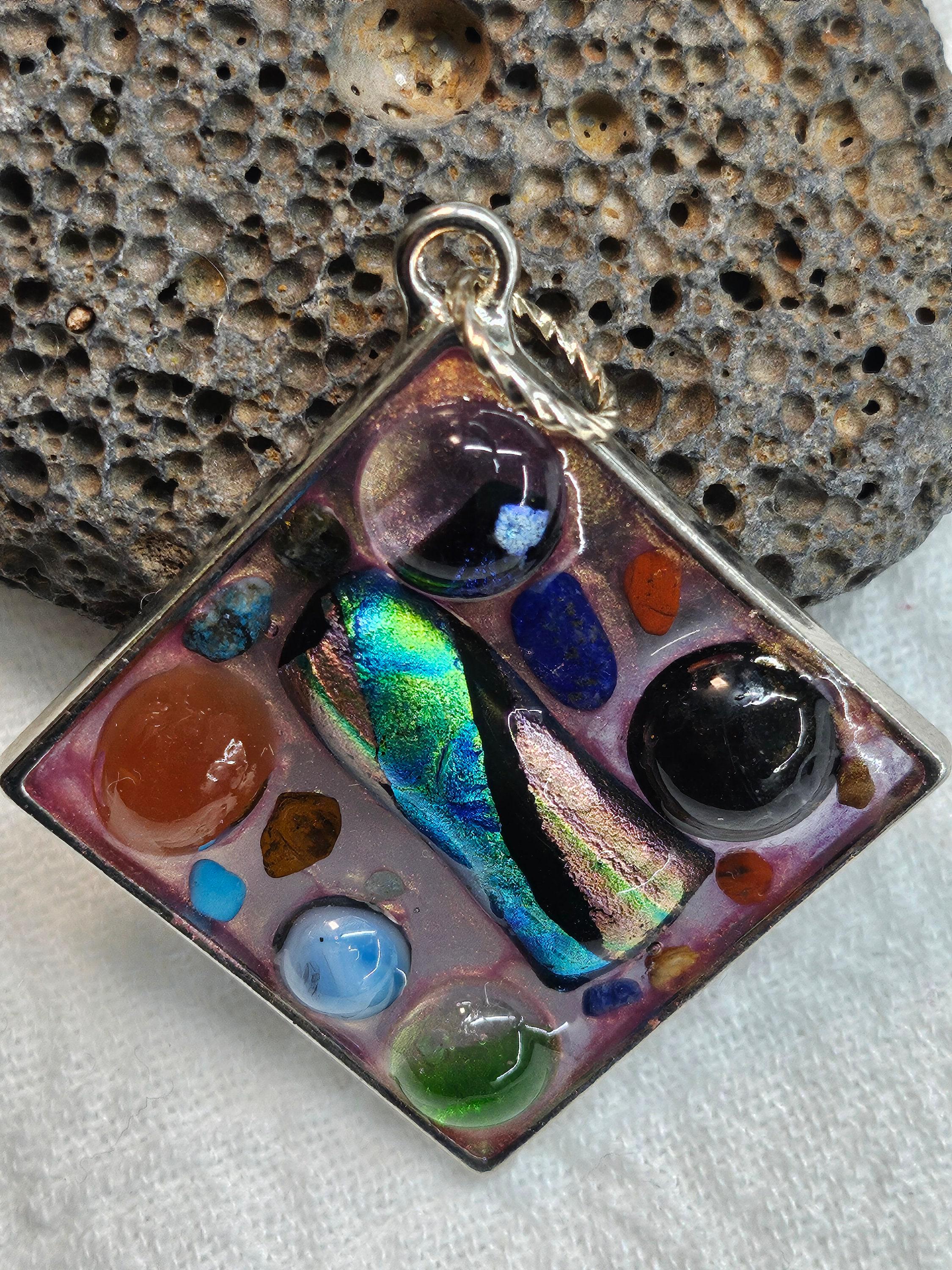 Fused Glass Mosaic Pendant in Rustic Boho Style  Handmade Jewelry Gift for Her  Unique Statement Accessory with FREE Shipping 236