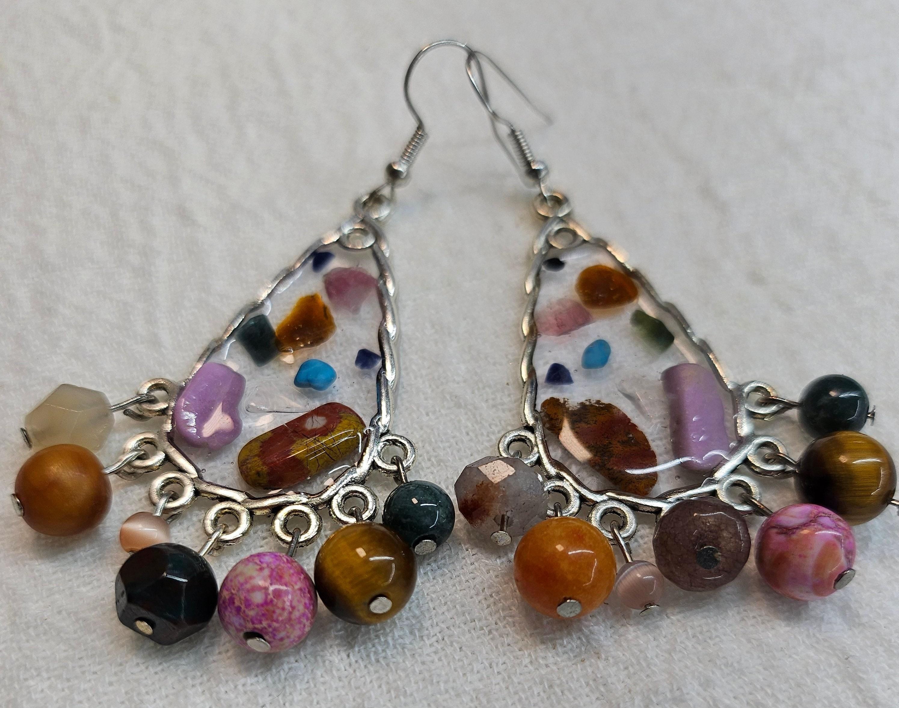 Mixed Stone Chandelier Earrings for Women  Rustic Boho Handmade Jewelry Gift with Free Shipping  Unique Statement Accessory 299
