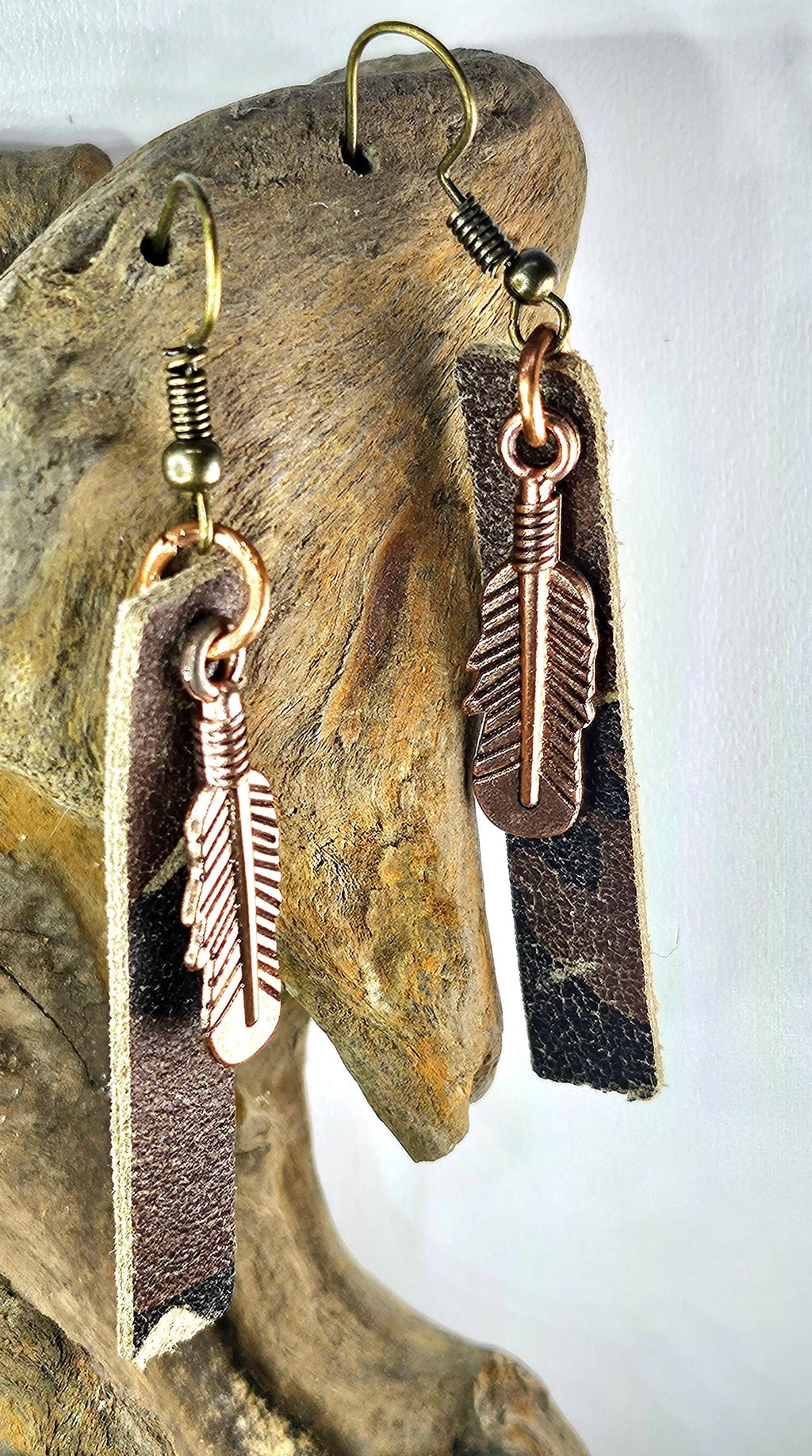Handcut Camouflage Leather  Feather Charm Earrings with Whimsical Deer Pendant for Unique Style