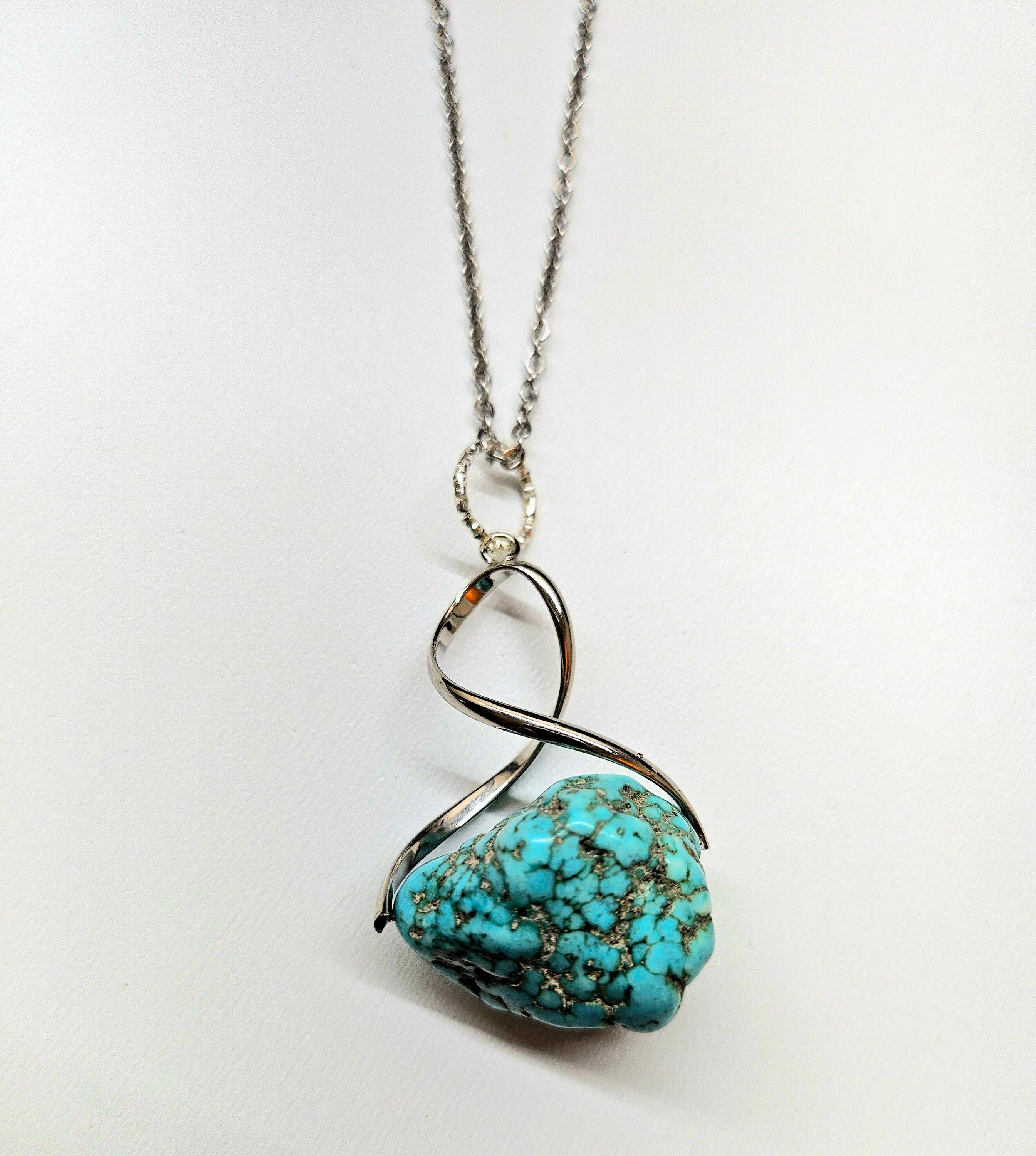 Turquoise Nugget Pendant Necklace on Stainless Steel Chain for Good Vibes Luck  Unique Style