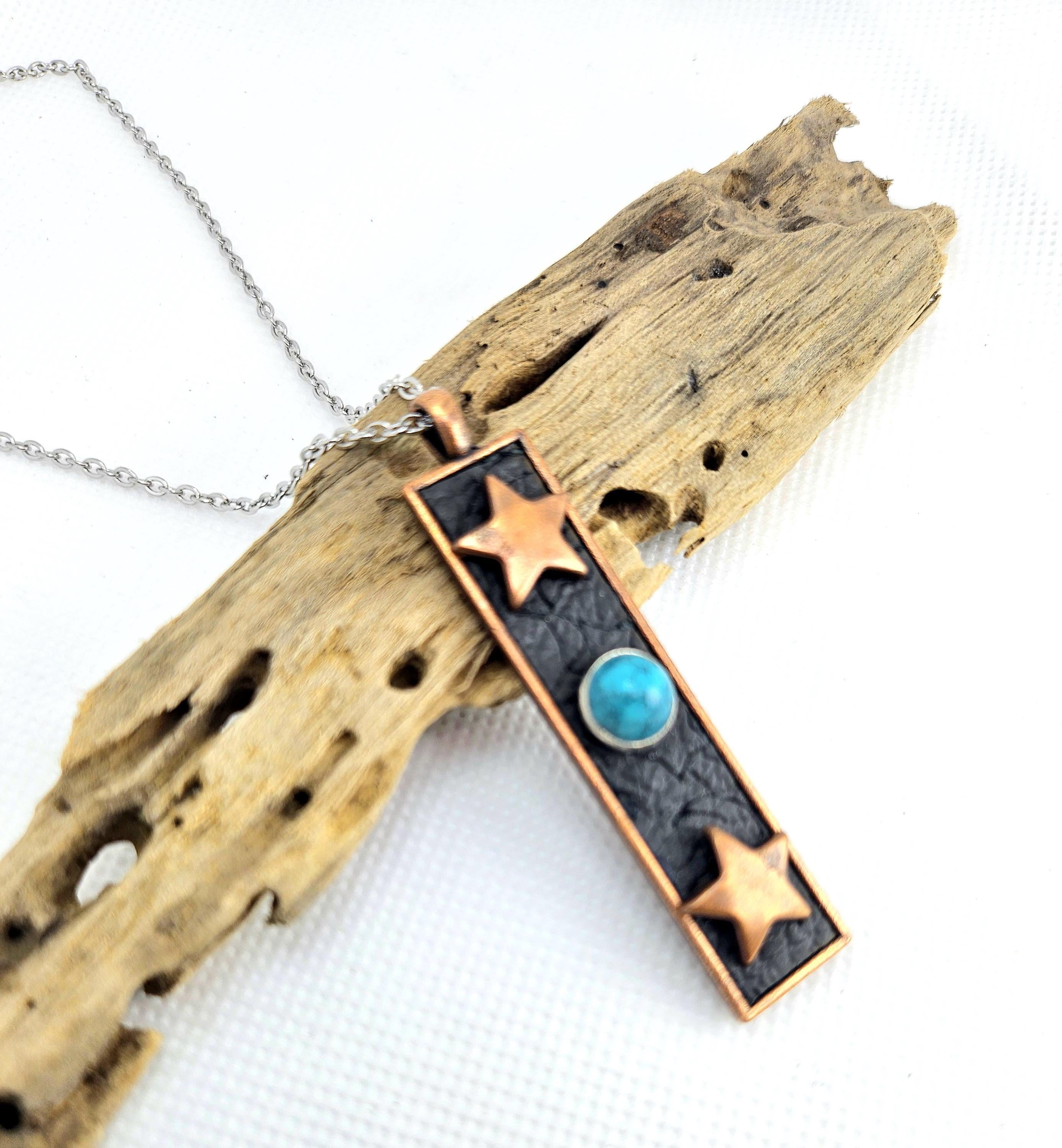 Handmade Copper  Turquoise Pendant Necklace on Durable Stainless Steel Chain for Rustic Boho Style Perfect Gift Idea