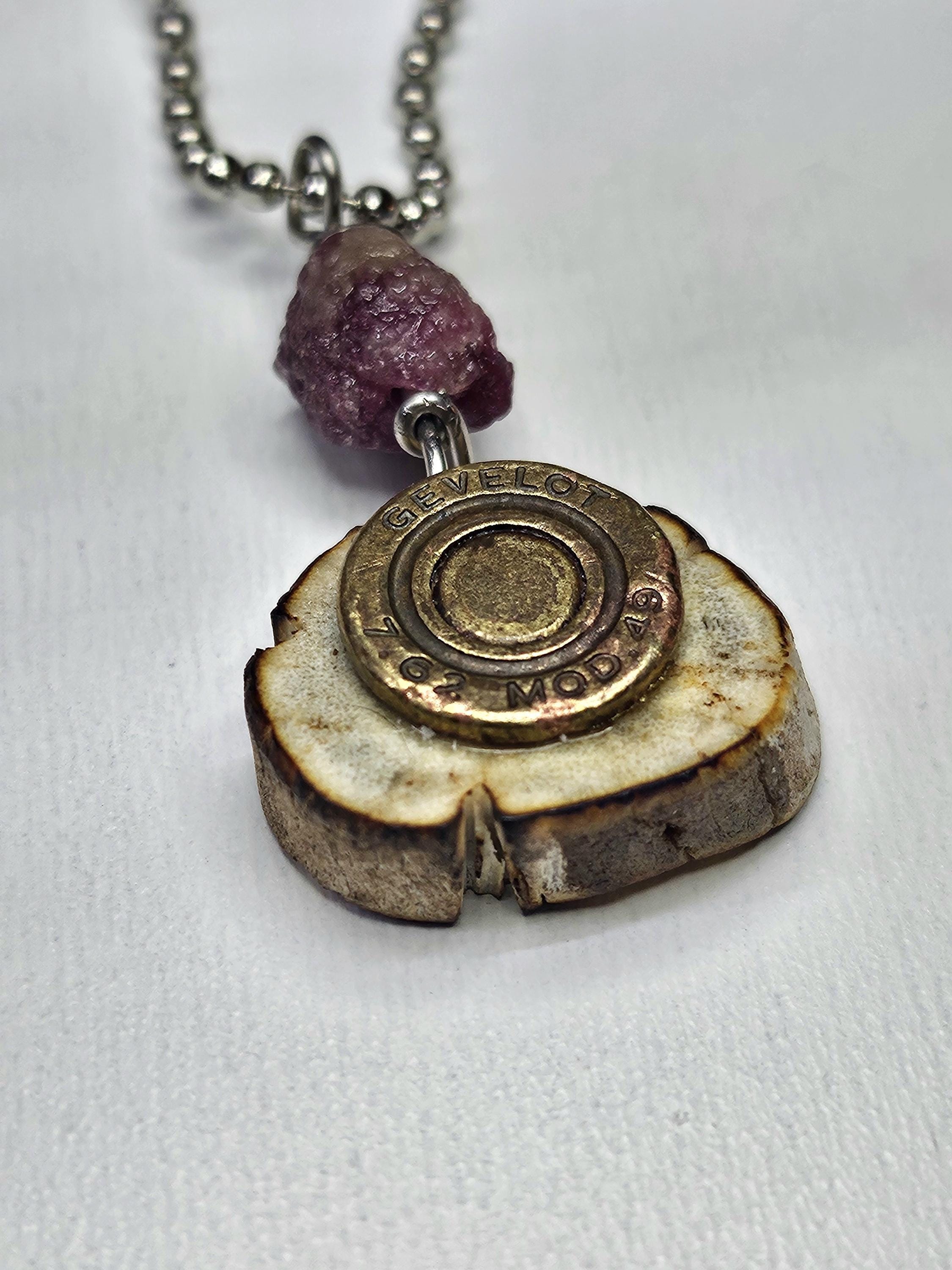 Deer Antler Slice Pendant with Bullet Brass  Pink Tourmaline Rustic Boho Handmade Jewelry Gift for Her Free Shipping