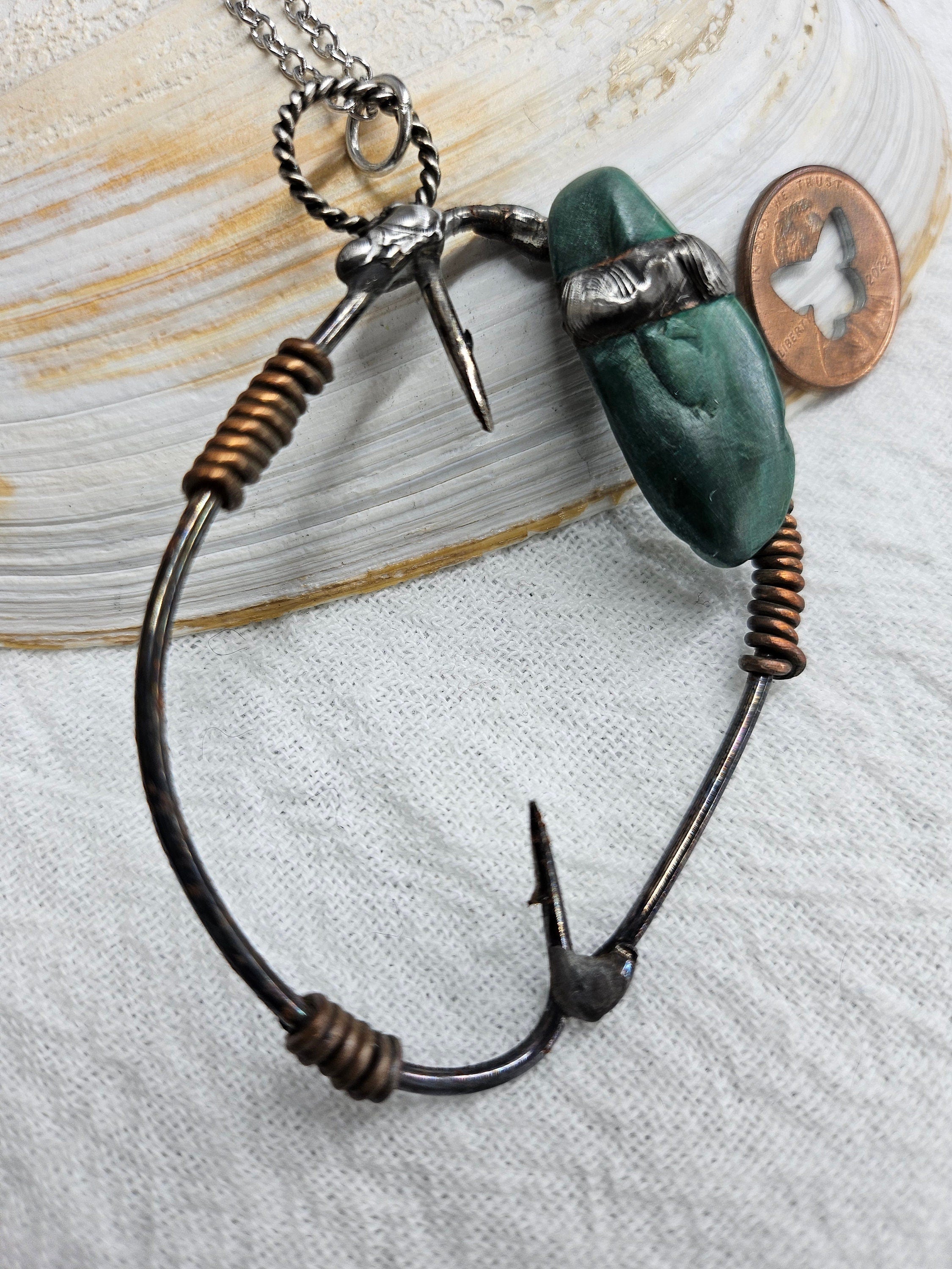 Fish Hook Malachite Stone Pendant Necklace on 20 Stainless Steel Chain for Stylish Jewelry Lovers Fun  Flirty Accessory