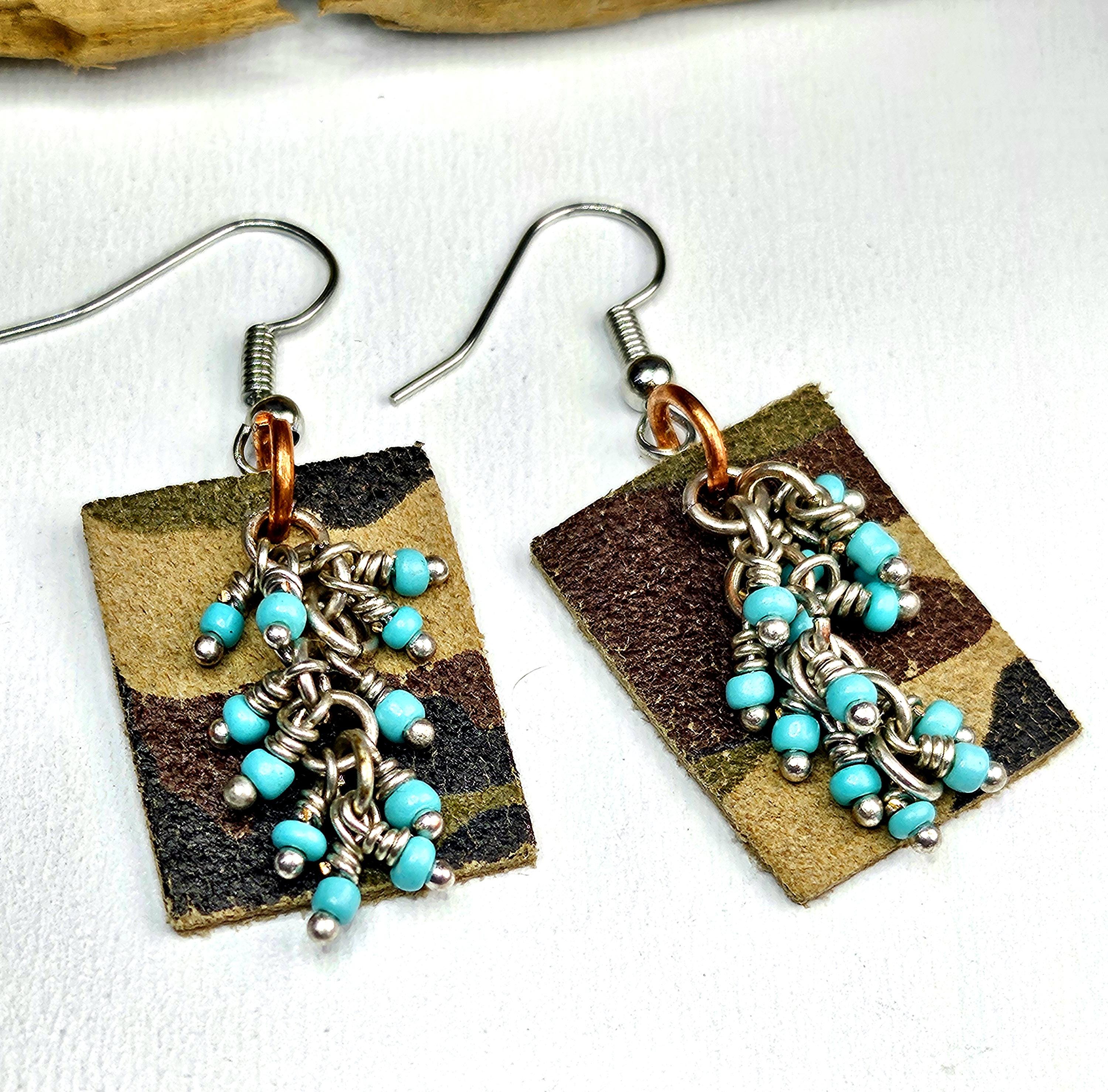 Handcut Camouflage Leather  Turquoise Earrings with Comfortable Stainless Steel Hooks for Nature Lovers