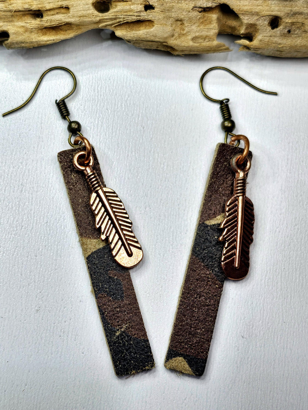 Handcut Camouflage Leather  Feather Charm Earrings with Whimsical Deer Pendant for Unique Style