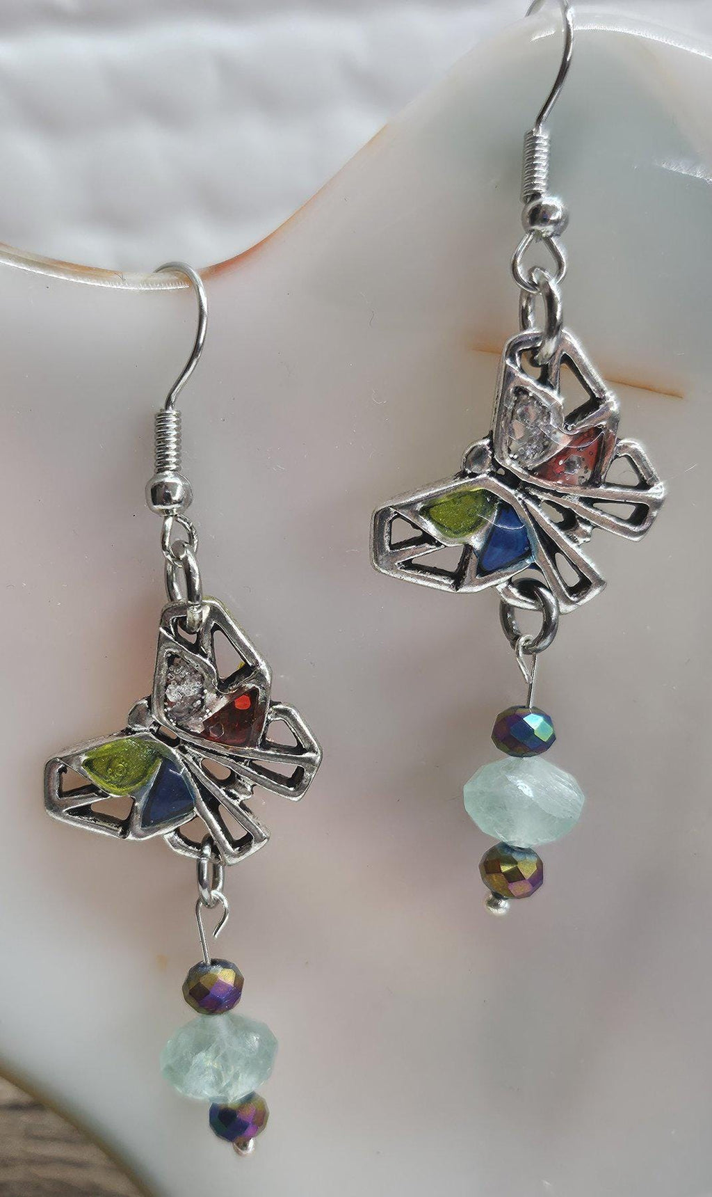 Butterfly Aquamarine Dangle Earrings in Stainless Steel - Rustic Boho Charm with Unique Elegance for Fairy Tale Style Perfect Gift